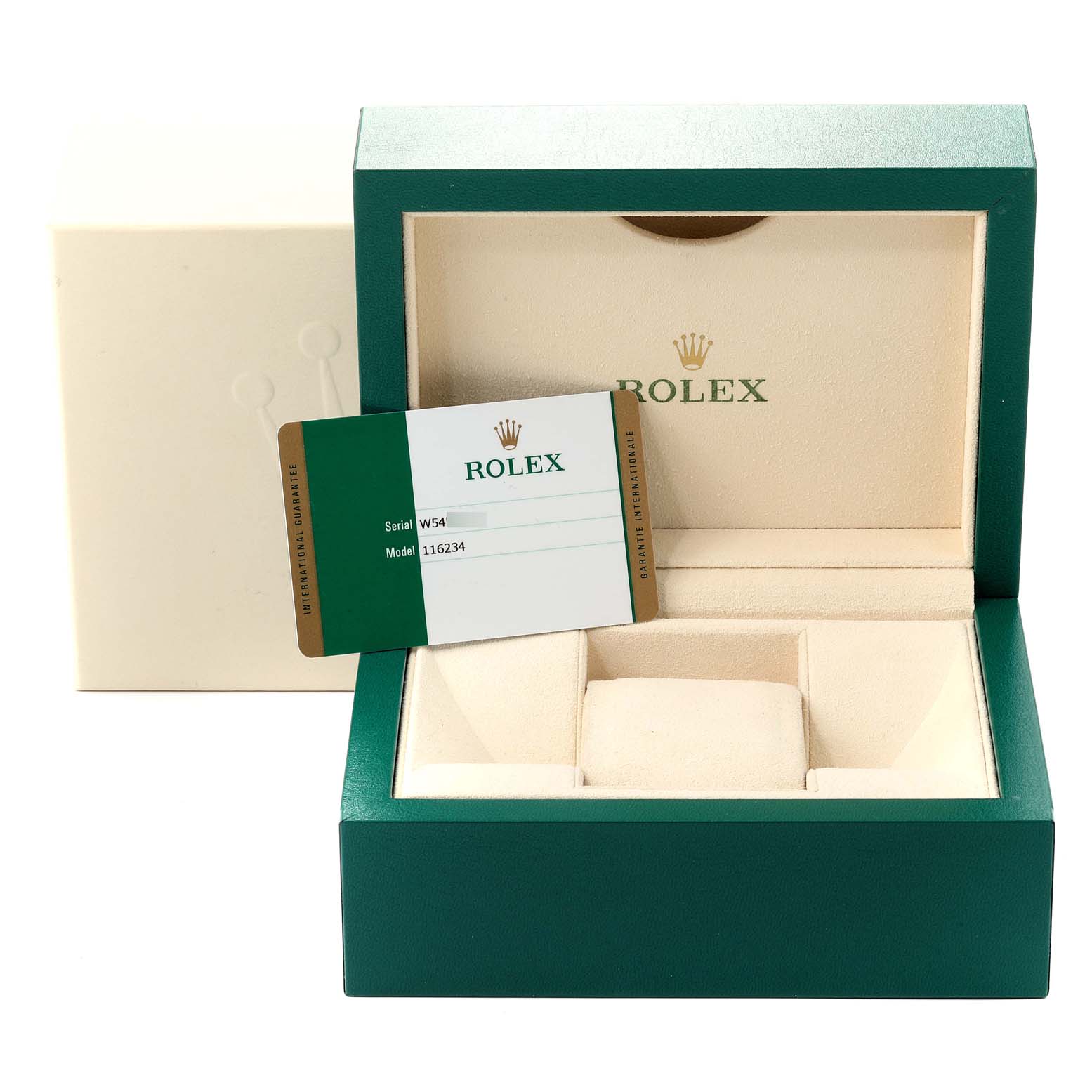 This is a presentation of a Rolex Datejust 116234 Men's Stainless Steel Black Dial 116234 Men's Stainless Steel Black Dial watch box, including the branded box and guarantee card.