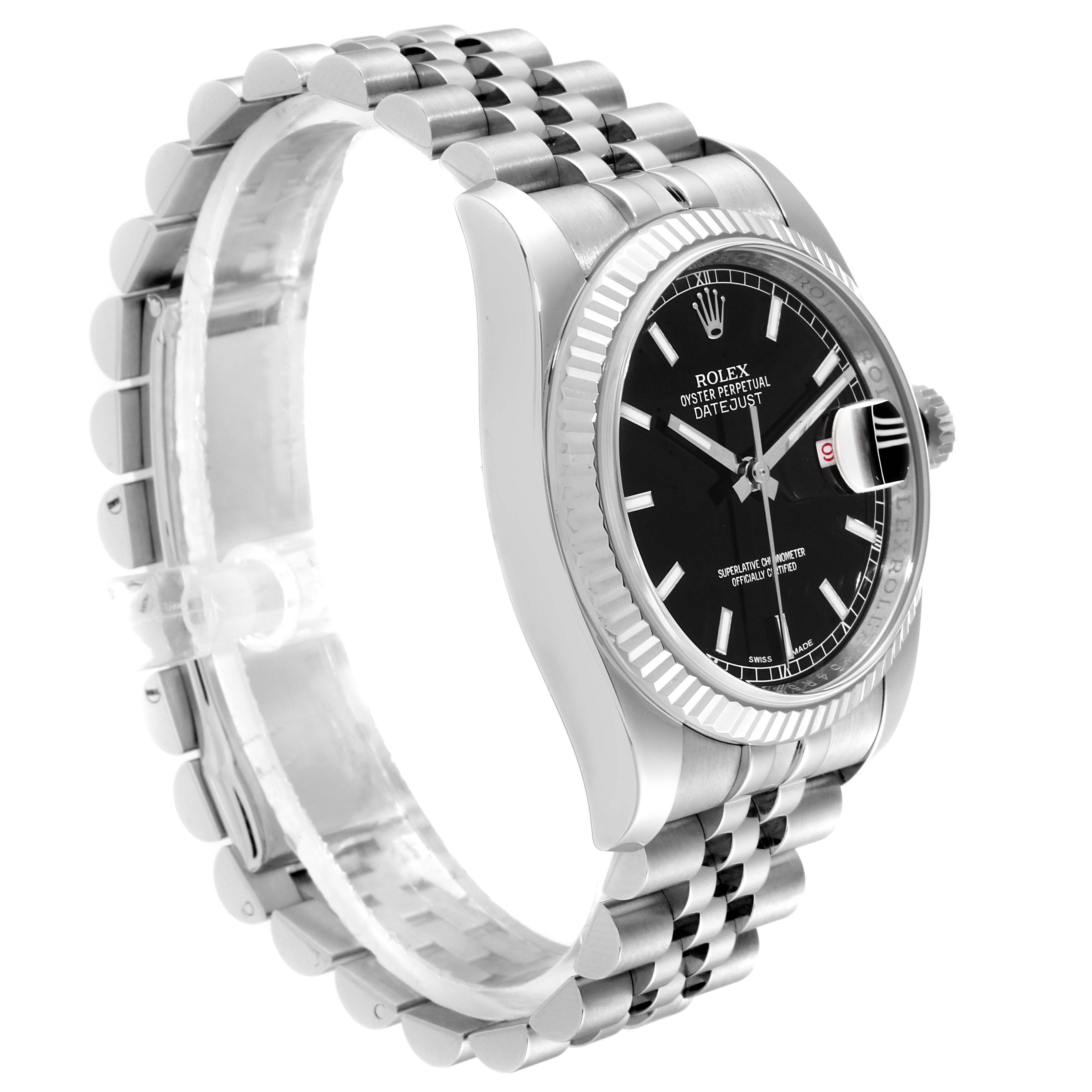 The image shows a Rolex Datejust 116234 Men's Stainless Steel Black Dial 116234 Men's Stainless Steel Black Dial watch from a side angle, highlighting the case, bezel, bracelet, and black dial.