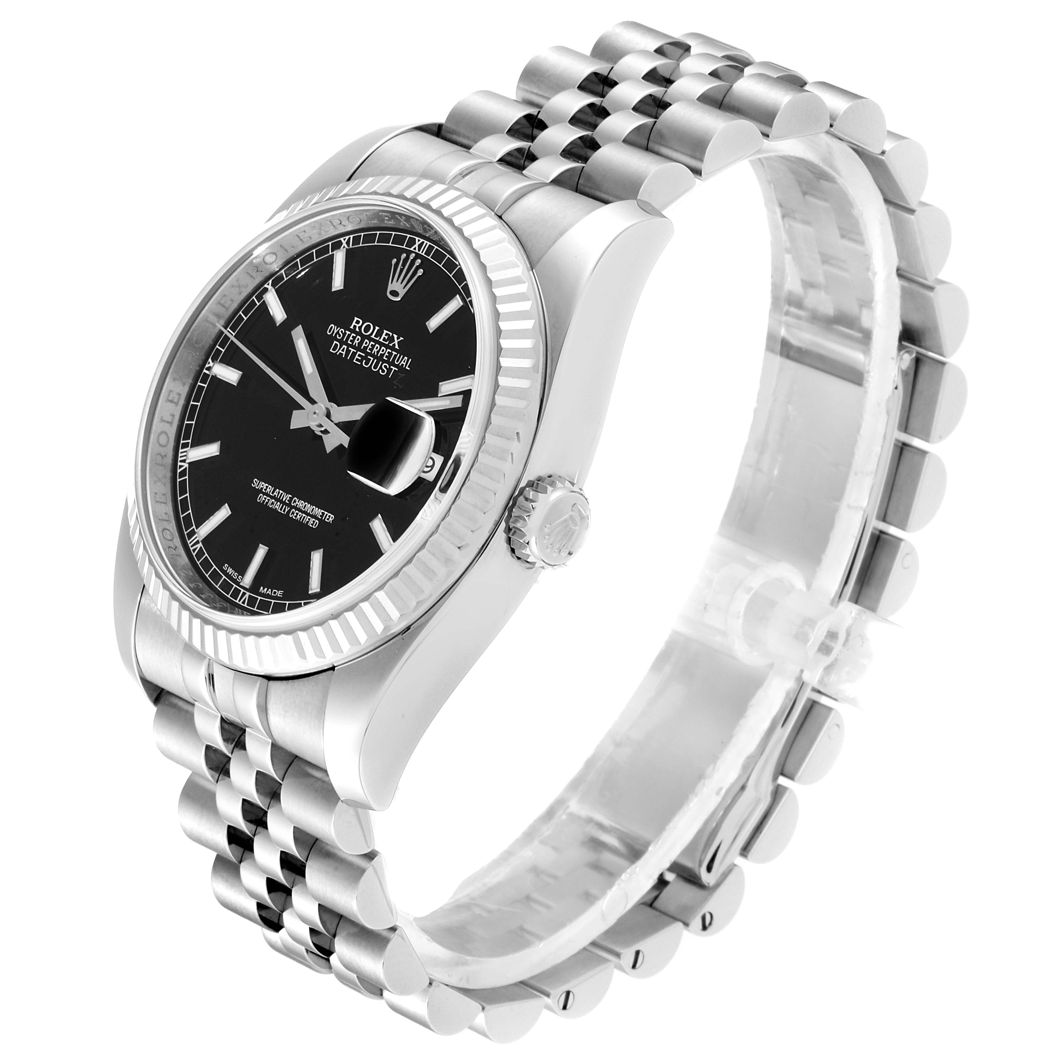 The image shows a side angle of the Rolex Datejust 116234 Men's Stainless Steel Black Dial 116234 Men's Stainless Steel Black Dial watch, highlighting the dial, bezel, crown, and bracelet.