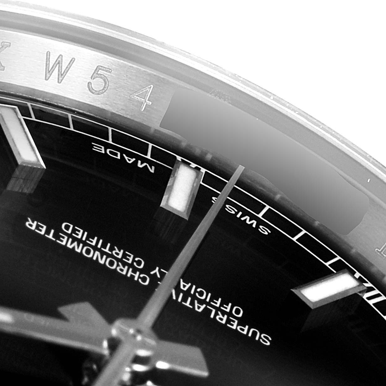 The close-up image shows the dial, hands, and part of the bezel of a Rolex Datejust 116234 Men's Stainless Steel Black Dial 116234 Men's Stainless Steel Black Dial watch from an angled top view.