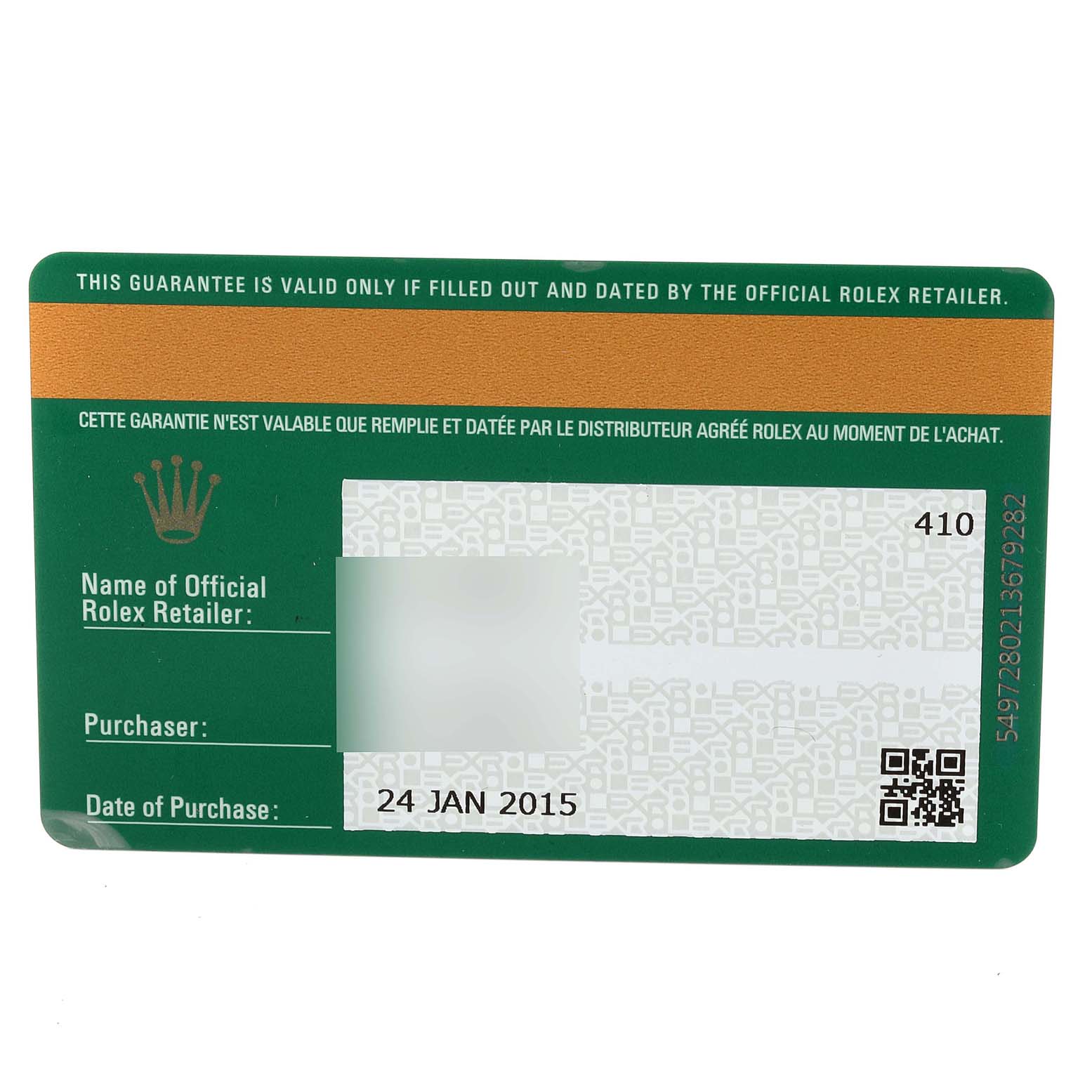 This image shows a guarantee card for the Rolex Datejust 116234 Men's Stainless Steel Black Dial 116234 Men's Stainless Steel Black Dial watch, including retailer and purchase date details.