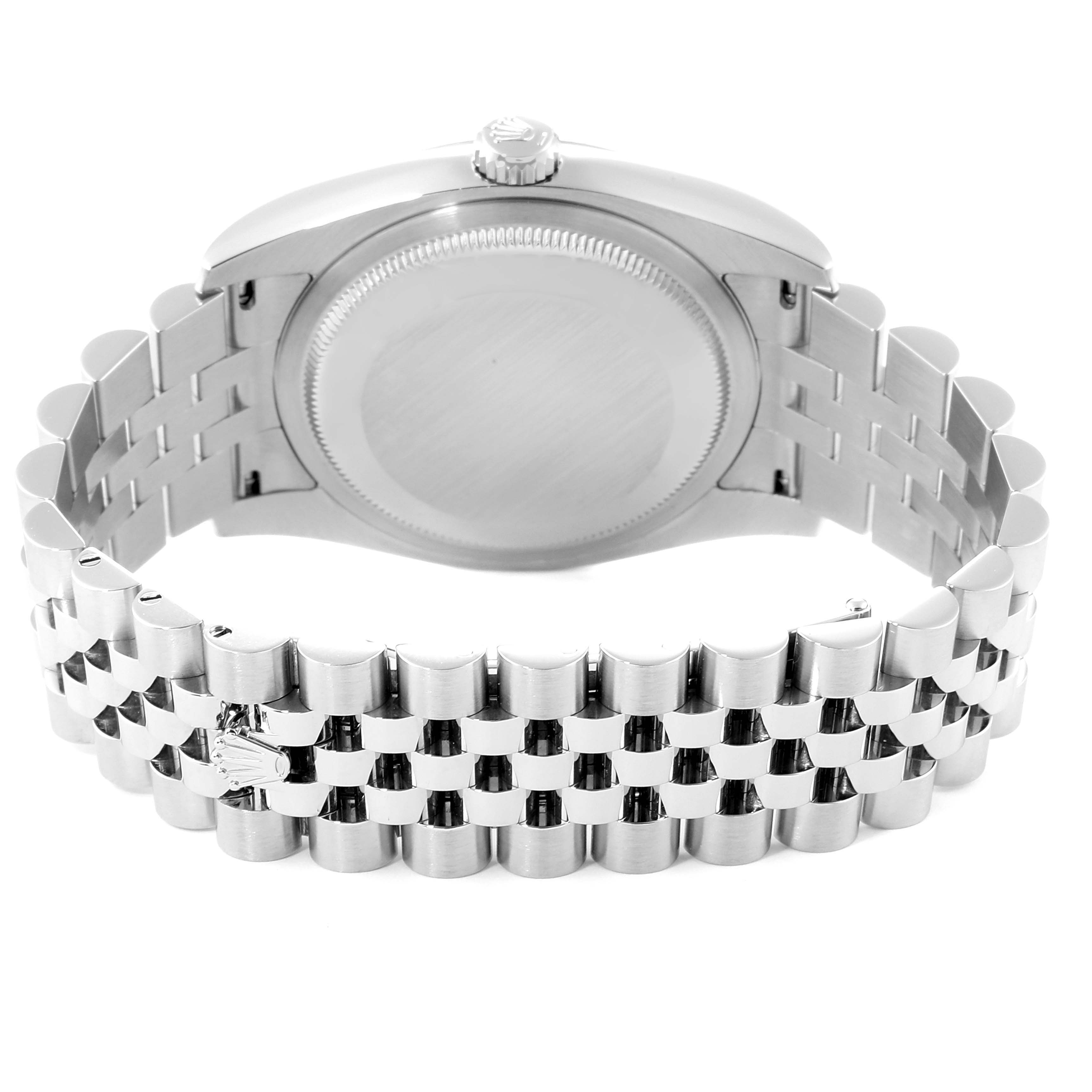 The image shows the back case and the jubilee bracelet of a Rolex Datejust 116234 Men's Stainless Steel Black Dial 116234 Men's Stainless Steel Black Dial model.