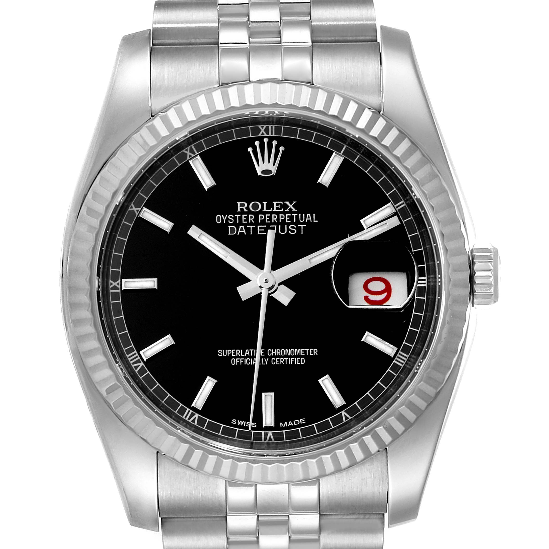 The image shows a Rolex Datejust 116234 Men's Stainless Steel Black Dial 116234 Men's Stainless Steel Black Dial watch from a front angle, displaying its black dial, fluted bezel, and Jubilee bracelet.