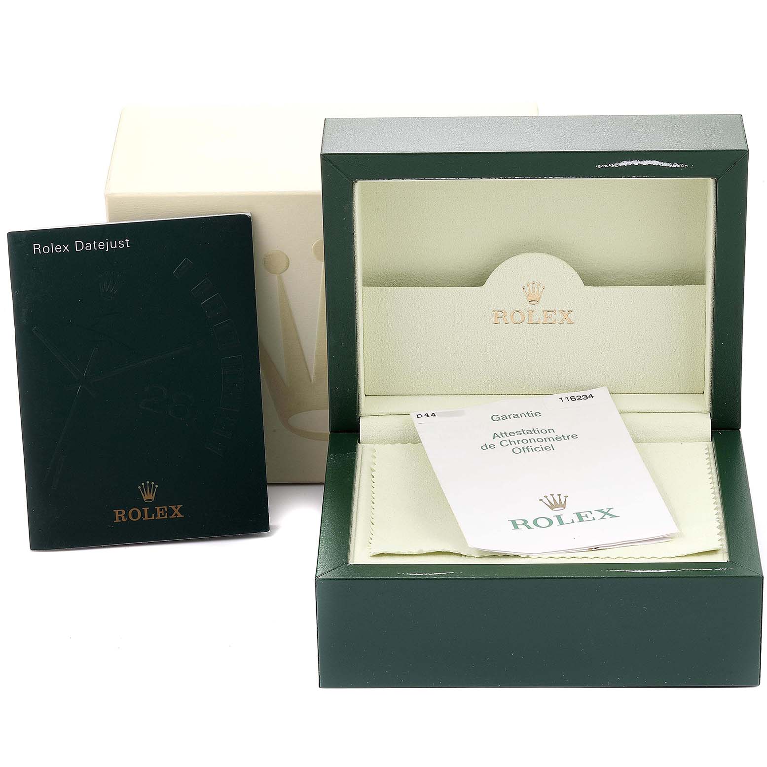 This image shows the packaging, warranty booklet, and inner box of a Rolex Datejust 116234 Men's Stainless Steel Black Dial 116234 Men's Stainless Steel Black Dial watch.
