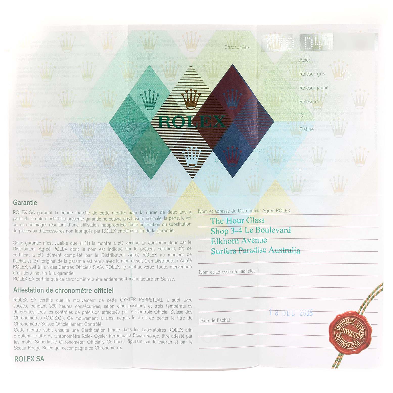 This image shows the guarantee and certification paperwork for a Rolex Datejust 116234 Men's Stainless Steel Black Dial 116234 Men's Stainless Steel Black Dial watch.