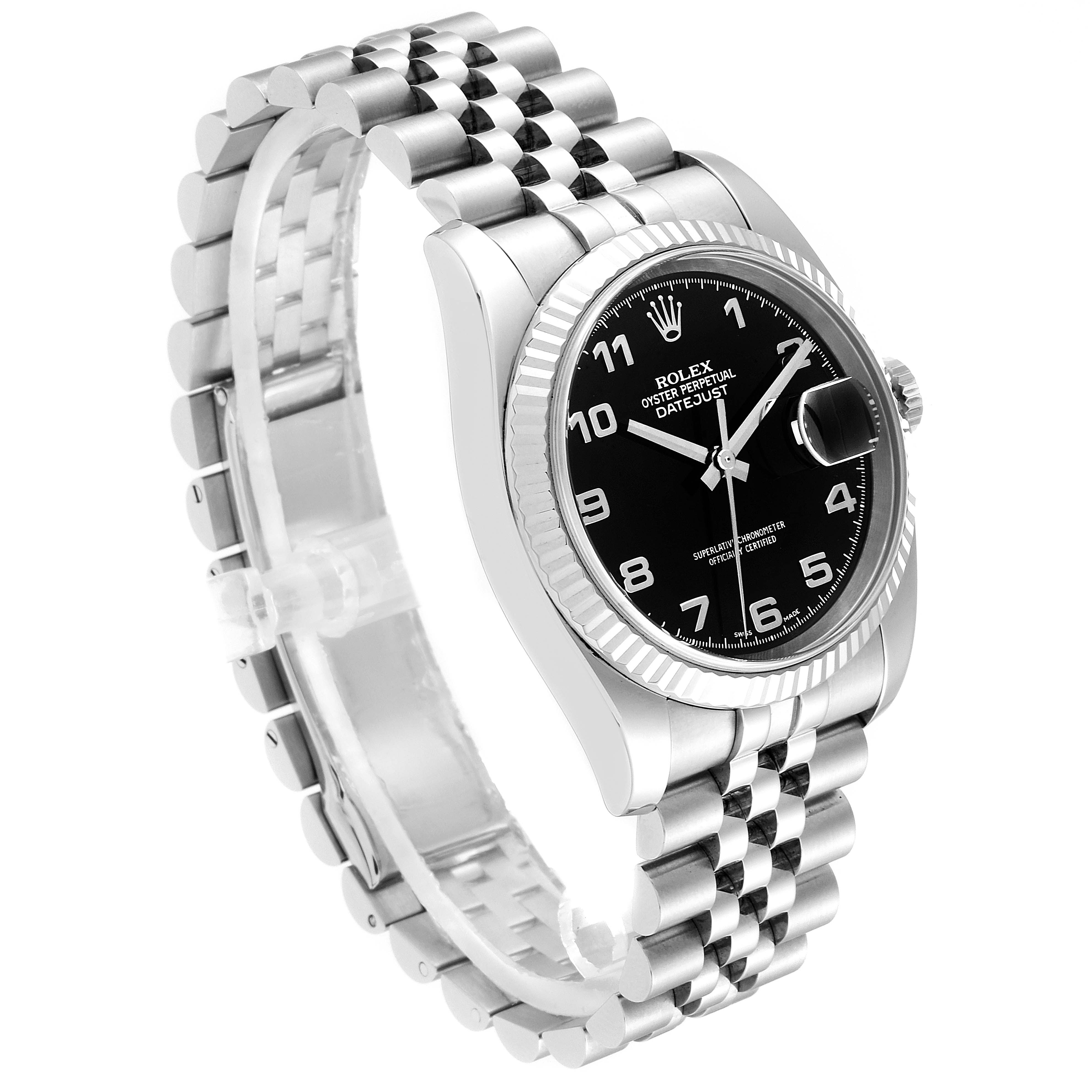 The image shows a Rolex Datejust 116234 Men's Stainless Steel Black Dial 116234 Men's Stainless Steel Black Dial watch from an angled side view, featuring its face, bezel, and part of the bracelet.