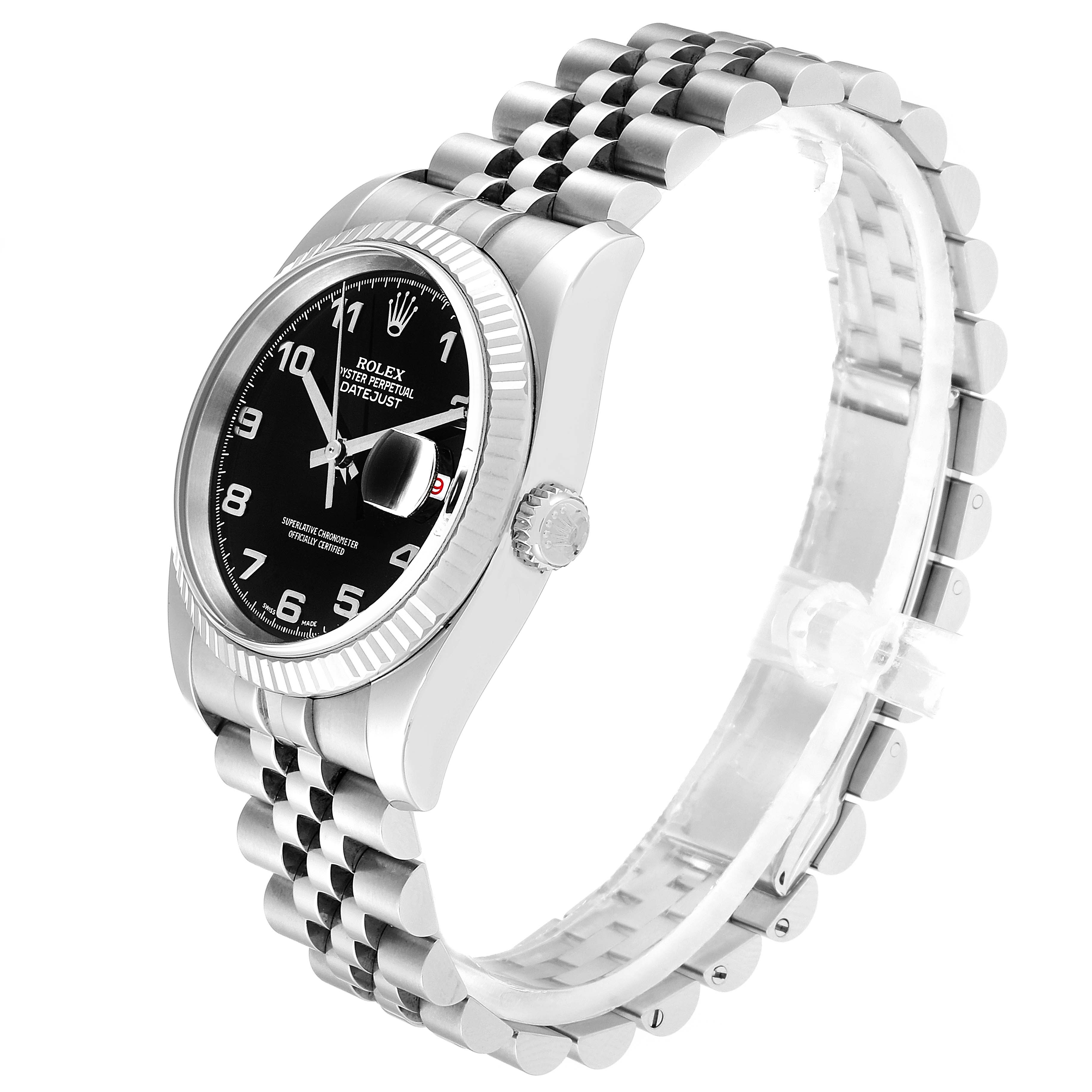 The Rolex Datejust 116234 Men's Stainless Steel Black Dial 116234 Men's Stainless Steel Black Dial watch is shown from a side angle, displaying the dial, bezel, crown, and bracelet.