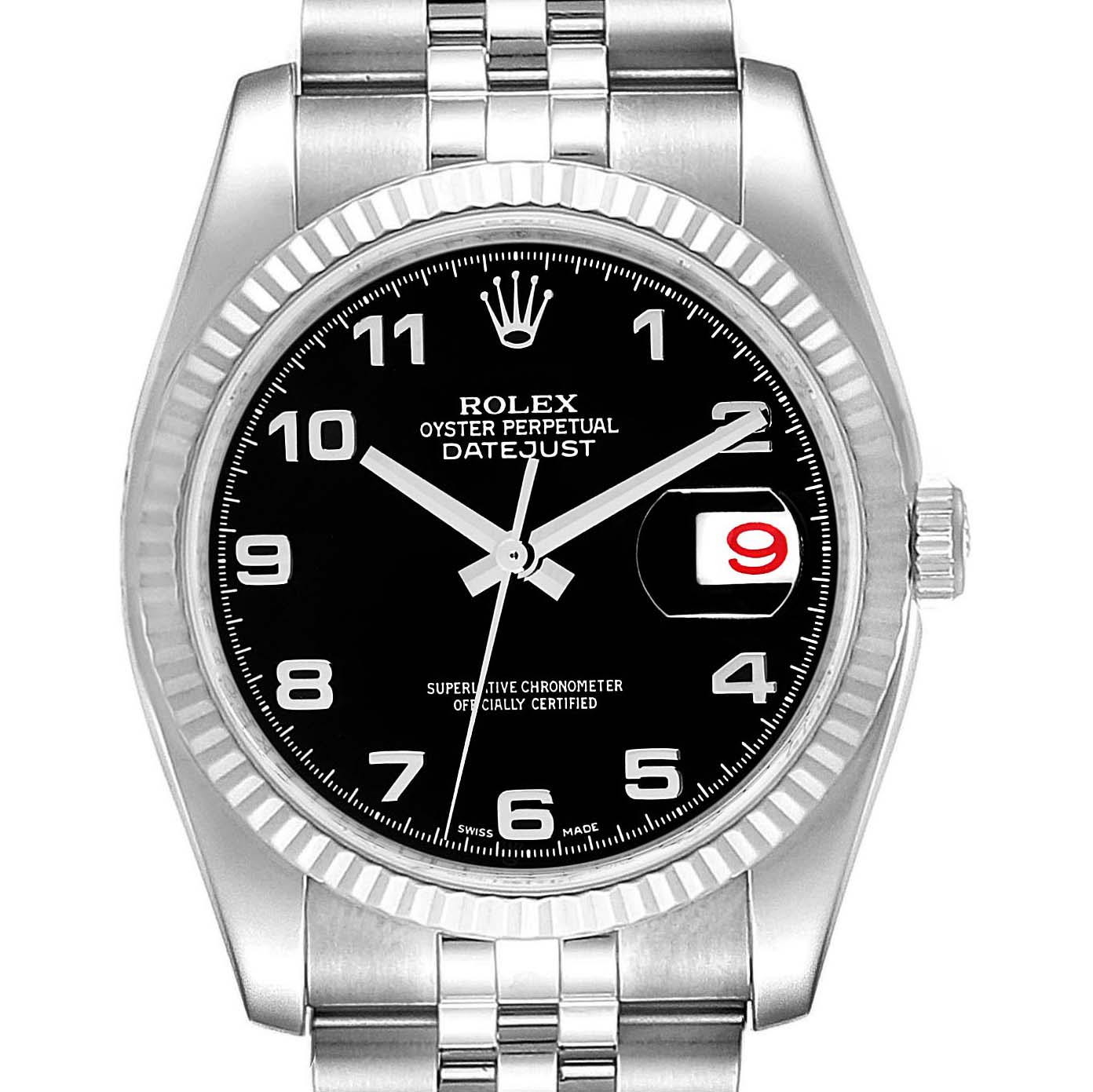 This image shows a Rolex Datejust 116234 Men's Stainless Steel Black Dial 116234 Men's Stainless Steel Black Dial watch with a black dial, fluted bezel, and Jubilee bracelet from a front angle.