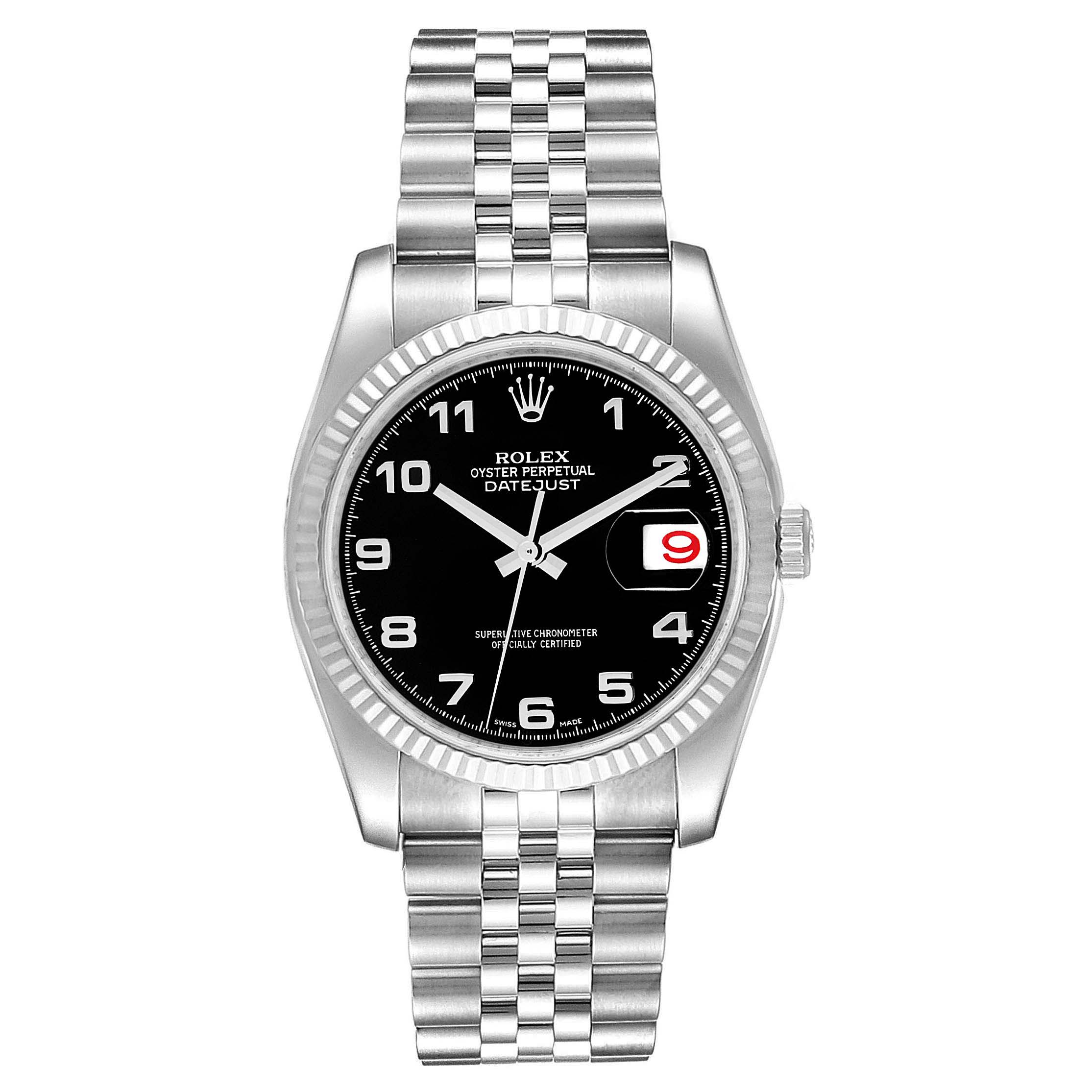 This image shows a frontal view of a Rolex Datejust 116234 Men's Stainless Steel Black Dial 116234 Men's Stainless Steel Black Dial watch, highlighting its black dial, silver bracelet, and date display.