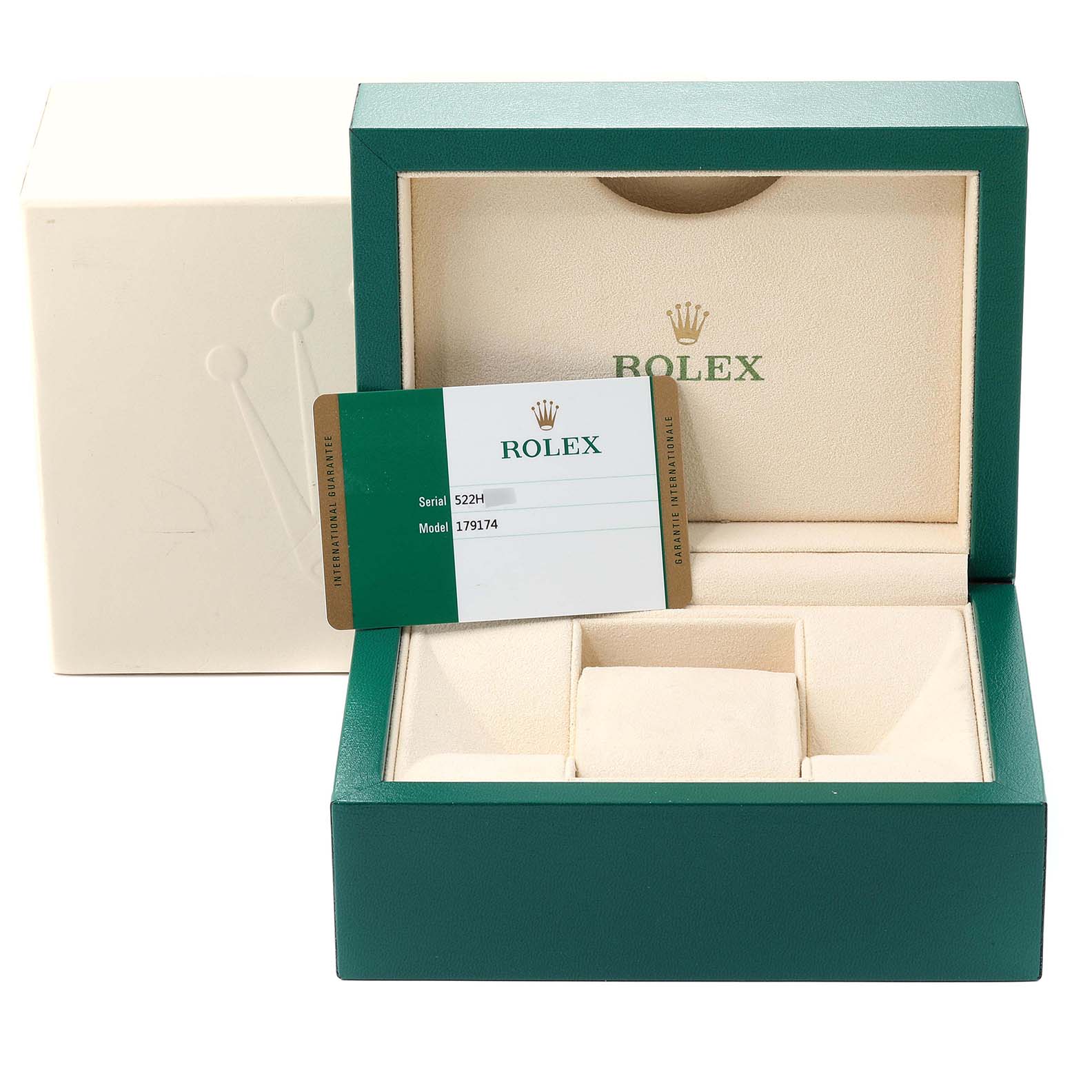 The image shows the packaging box and warranty card for the Rolex Datejust 179174 Women's Stainless Steel Silver Dial 179174 Women's Stainless Steel Silver Dial model.