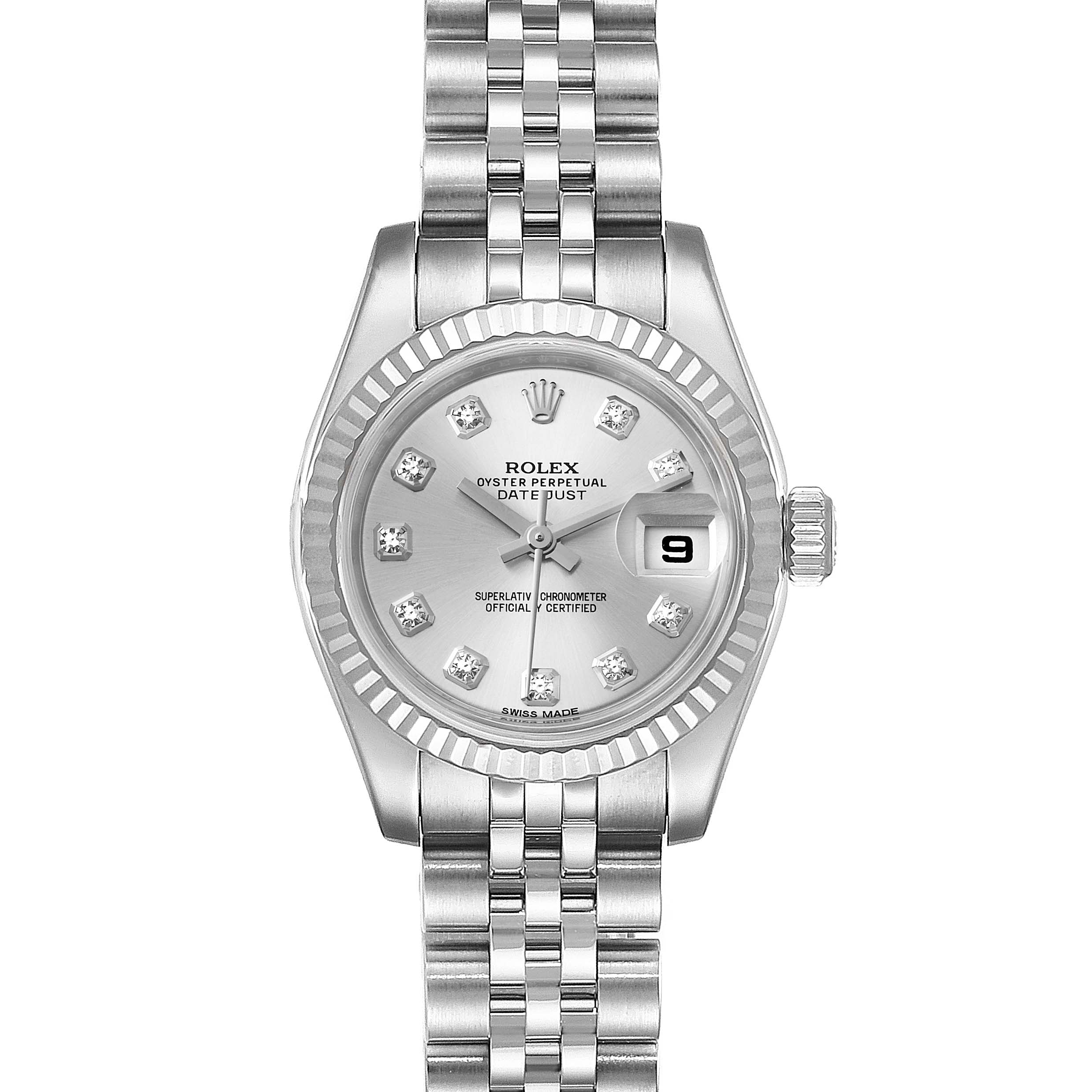 The image shows a Rolex Datejust 179174 Women's Stainless Steel Silver Dial 179174 Women's Stainless Steel Silver Dial watch from a top-down angle, highlighting the face, bezel, and part of the bracelet.