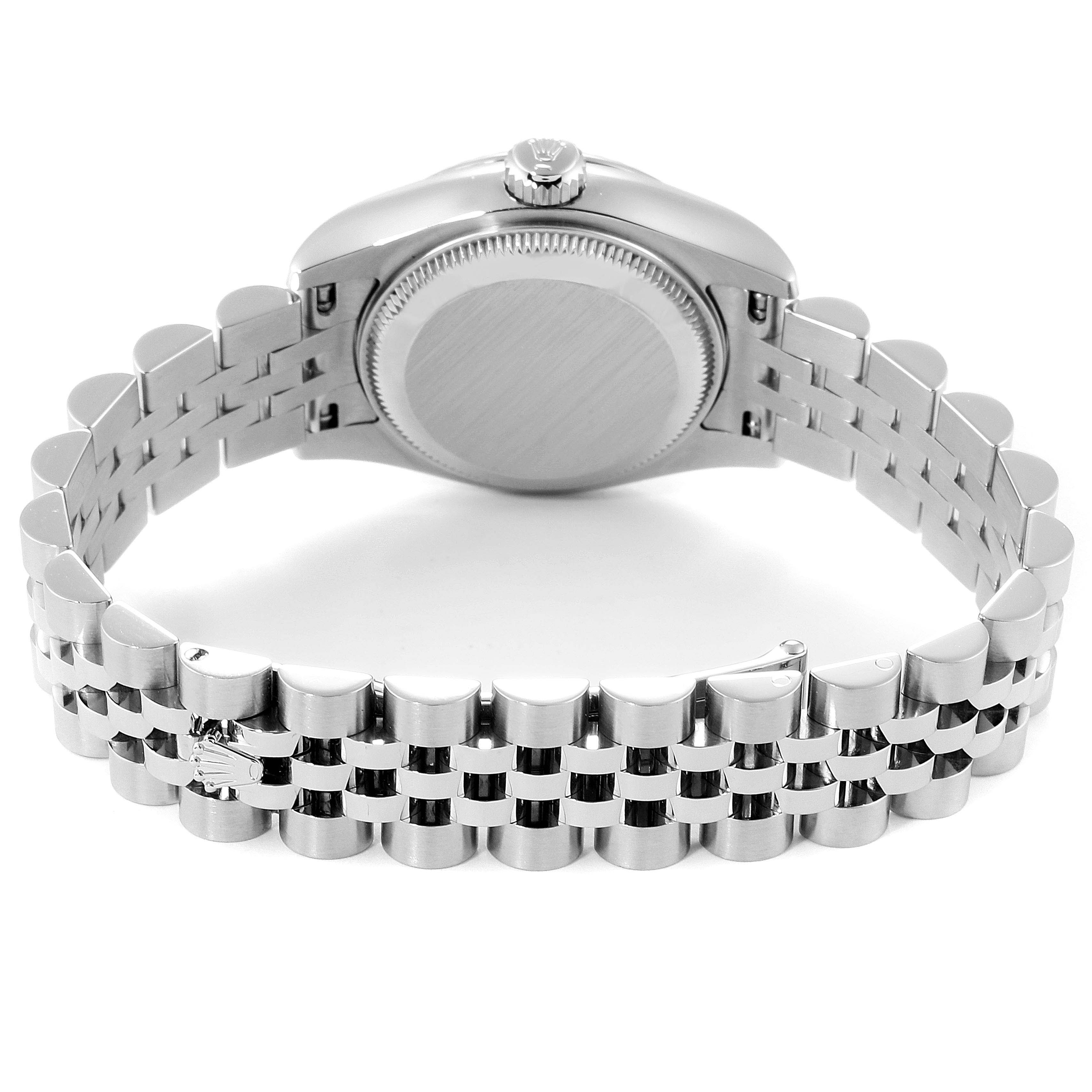 This image shows the back case and bracelet of a Rolex Datejust 179174 Women's Stainless Steel Silver Dial 179174 Women's Stainless Steel Silver Dial watch, viewed from the rear.