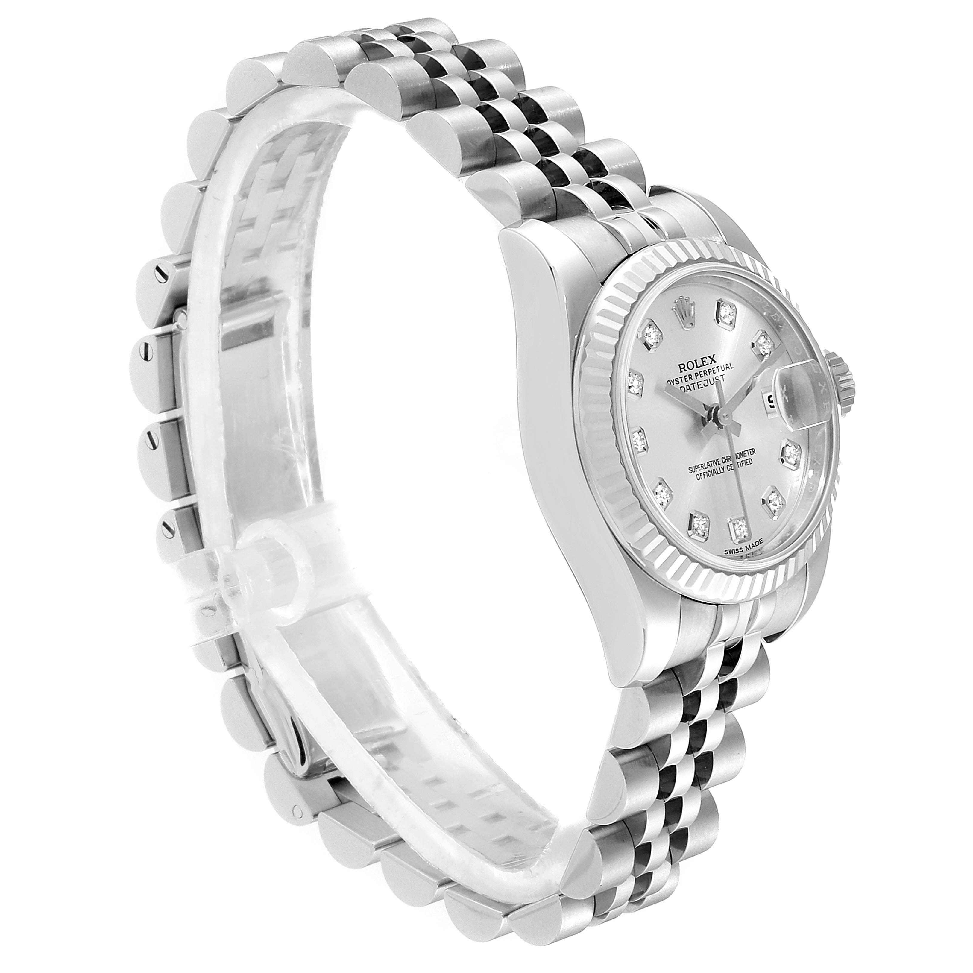 The image shows a side view of the Rolex Datejust 179174 Women's Stainless Steel Silver Dial 179174 Women's Stainless Steel Silver Dial watch, highlighting its bracelet, case, and diamond-accented dial.
