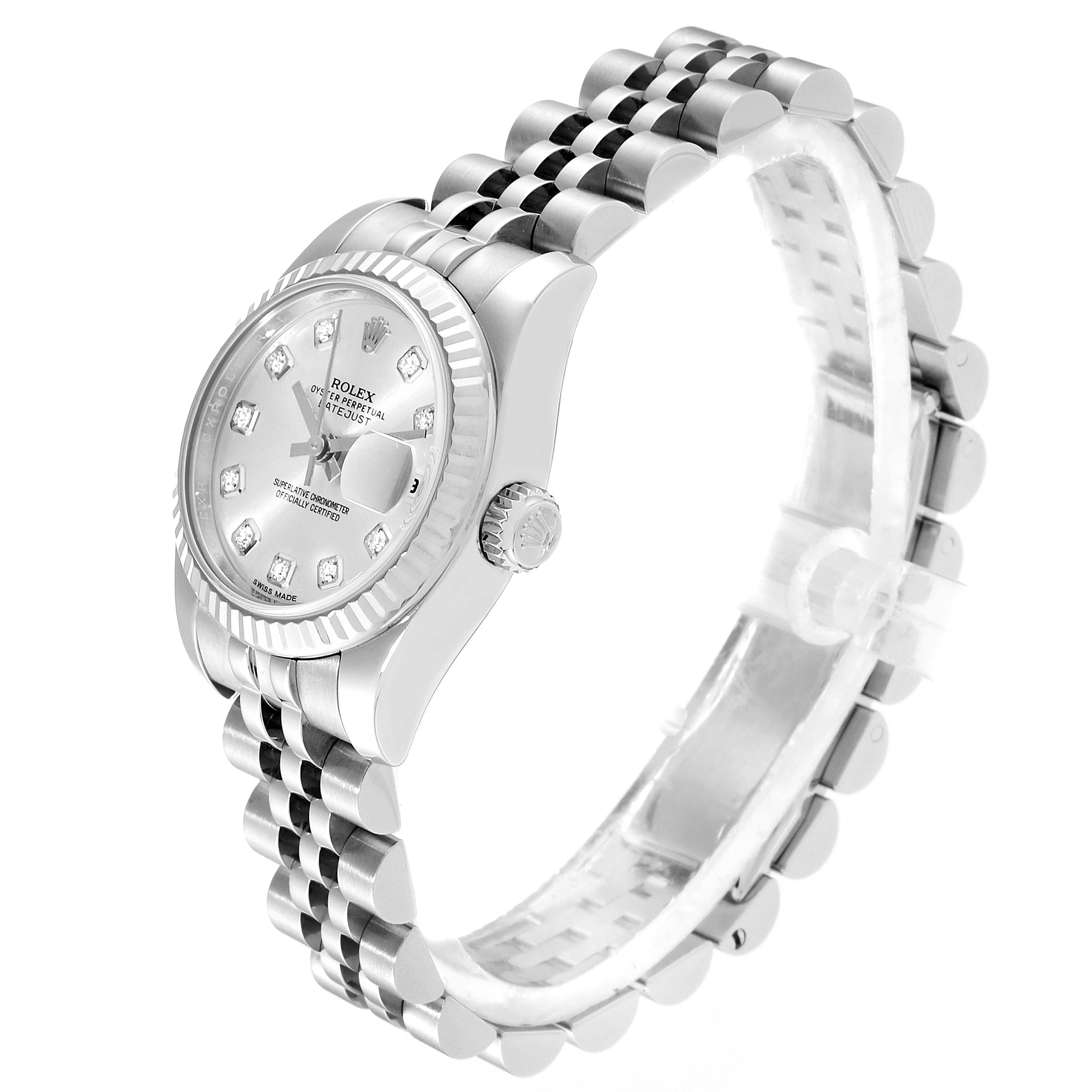 The image shows a side angle view of a Rolex Datejust 179174 Women's Stainless Steel Silver Dial 179174 Women's Stainless Steel Silver Dial watch, displaying the bezel, dial, crown, and jubilee bracelet.