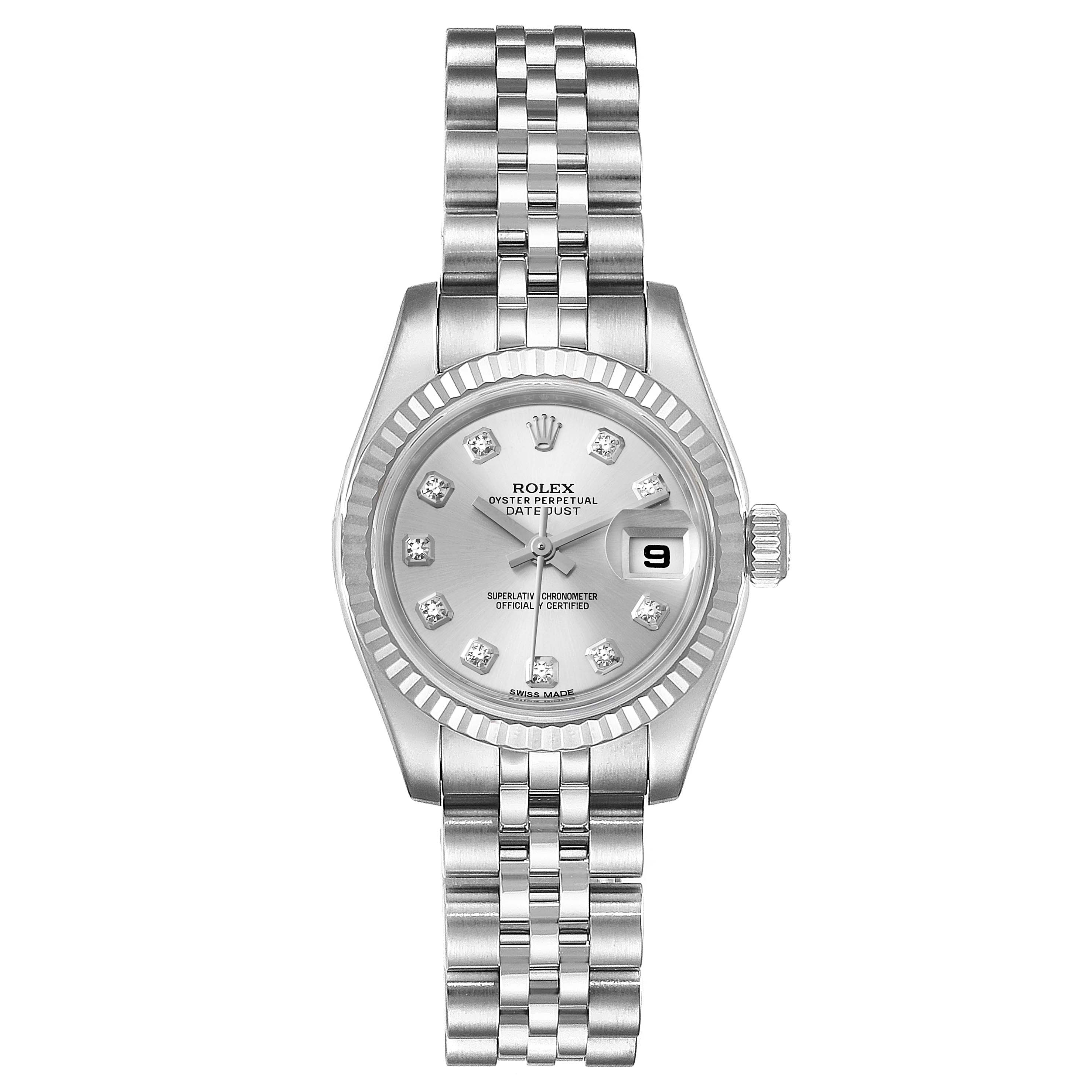 The image shows a front view of the Rolex Datejust 179174 Women's Stainless Steel Silver Dial 179174 Women's Stainless Steel Silver Dial watch, displaying its face, bracelet, and crown.