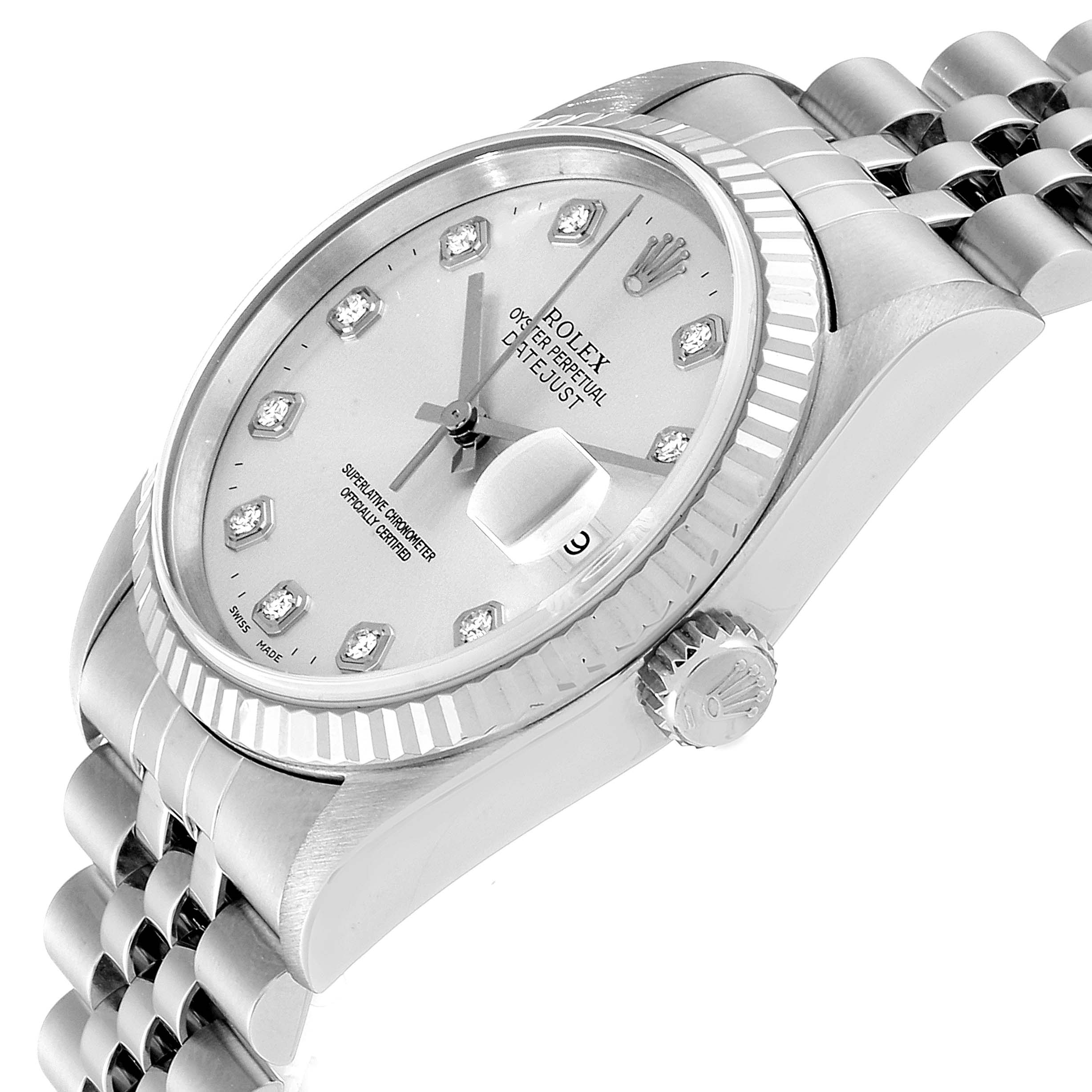 The image shows a Rolex Datejust 16234 Men's Stainless Steel Silver Dial 16234 Men's Stainless Steel Silver Dial watch at a slight angled view, displaying the dial, bezel, crown, and part of the bracelet.