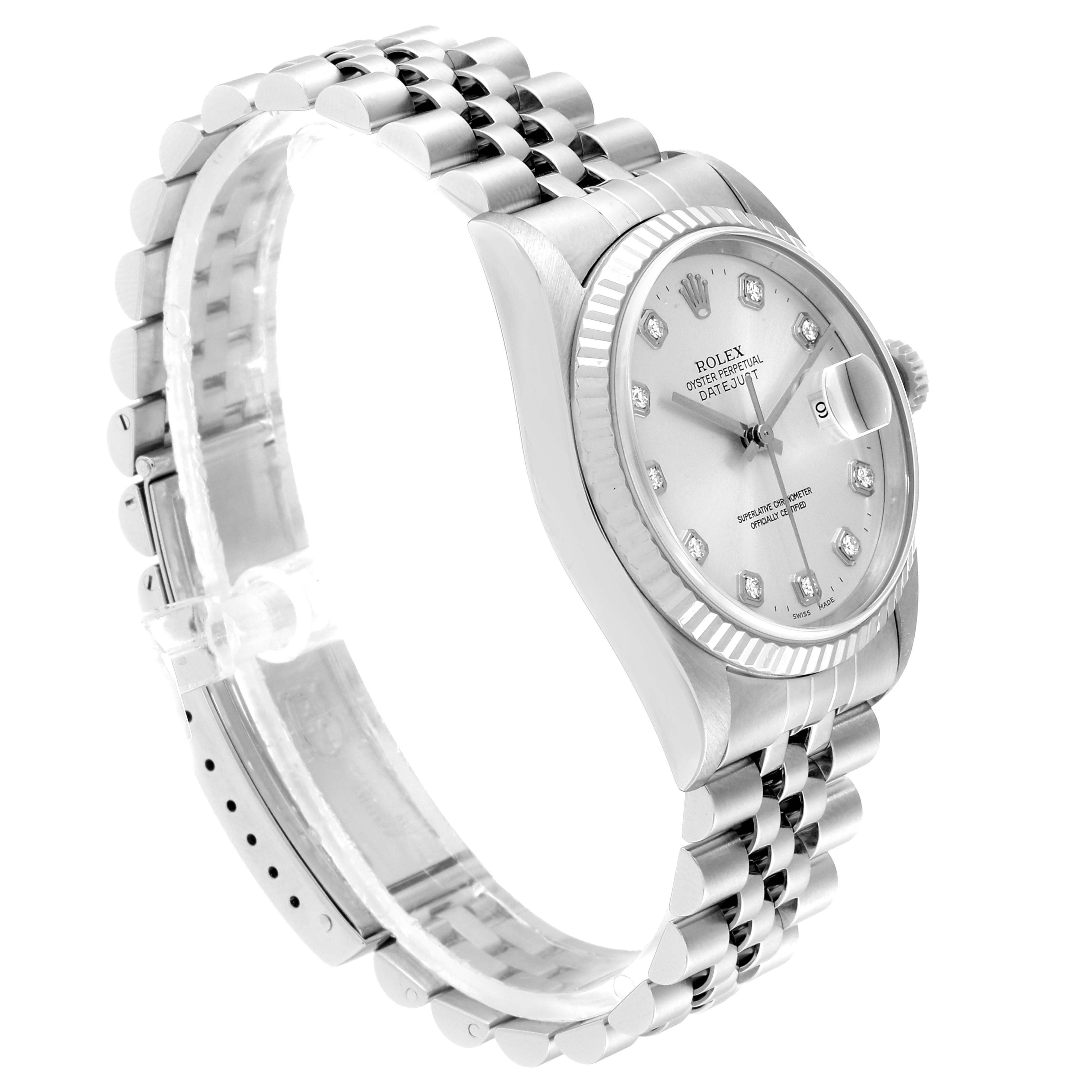 This image shows a side-angle view of the Rolex Datejust 16234 Men's Stainless Steel Silver Dial 16234 Men's Stainless Steel Silver Dial watch, highlighting its dial, bezel, and jubilee bracelet.