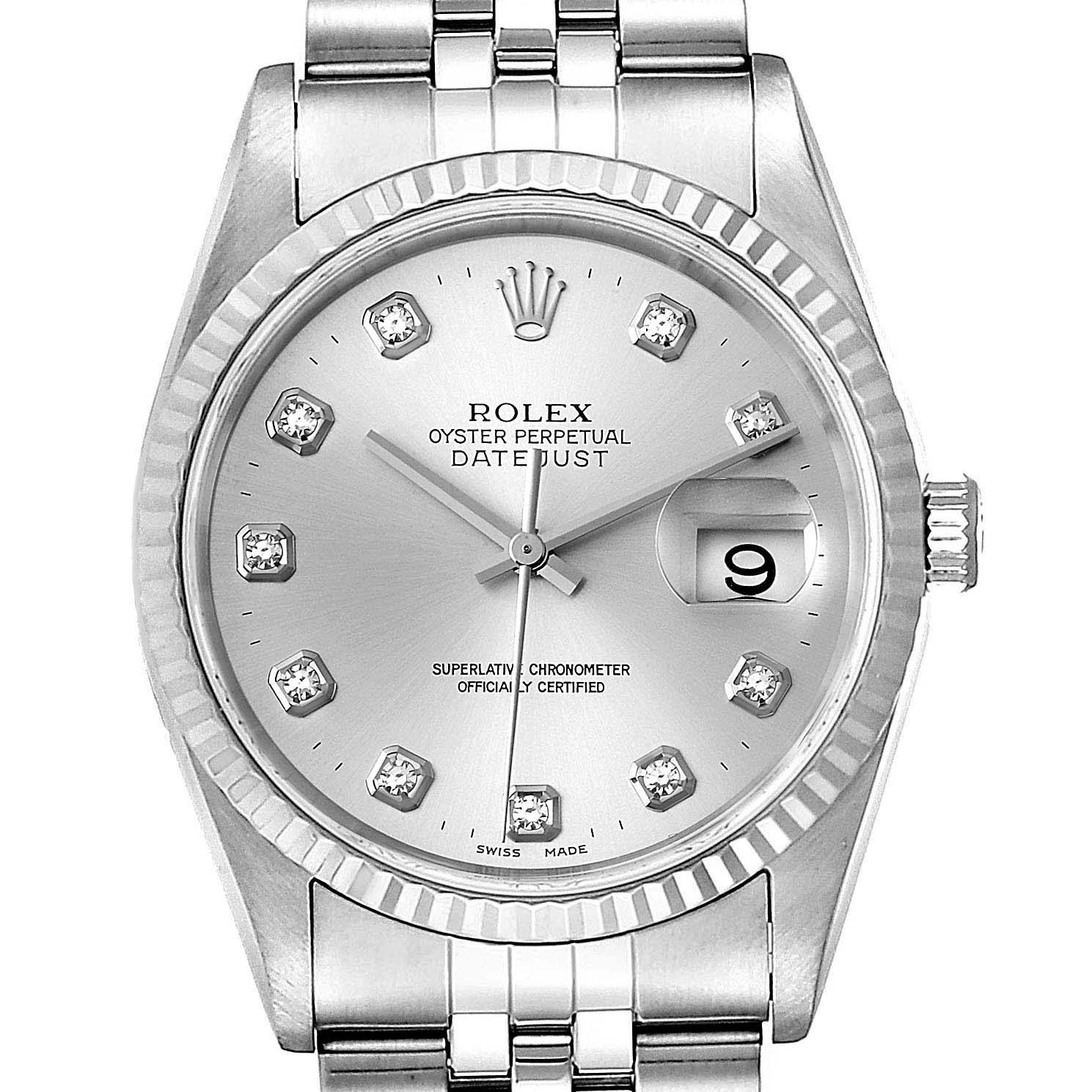 The image shows a frontal view of a Rolex Datejust 16234 Men's Stainless Steel Silver Dial 16234 Men's Stainless Steel Silver Dial watch, including the dial, bezel, and a portion of the bracelet.