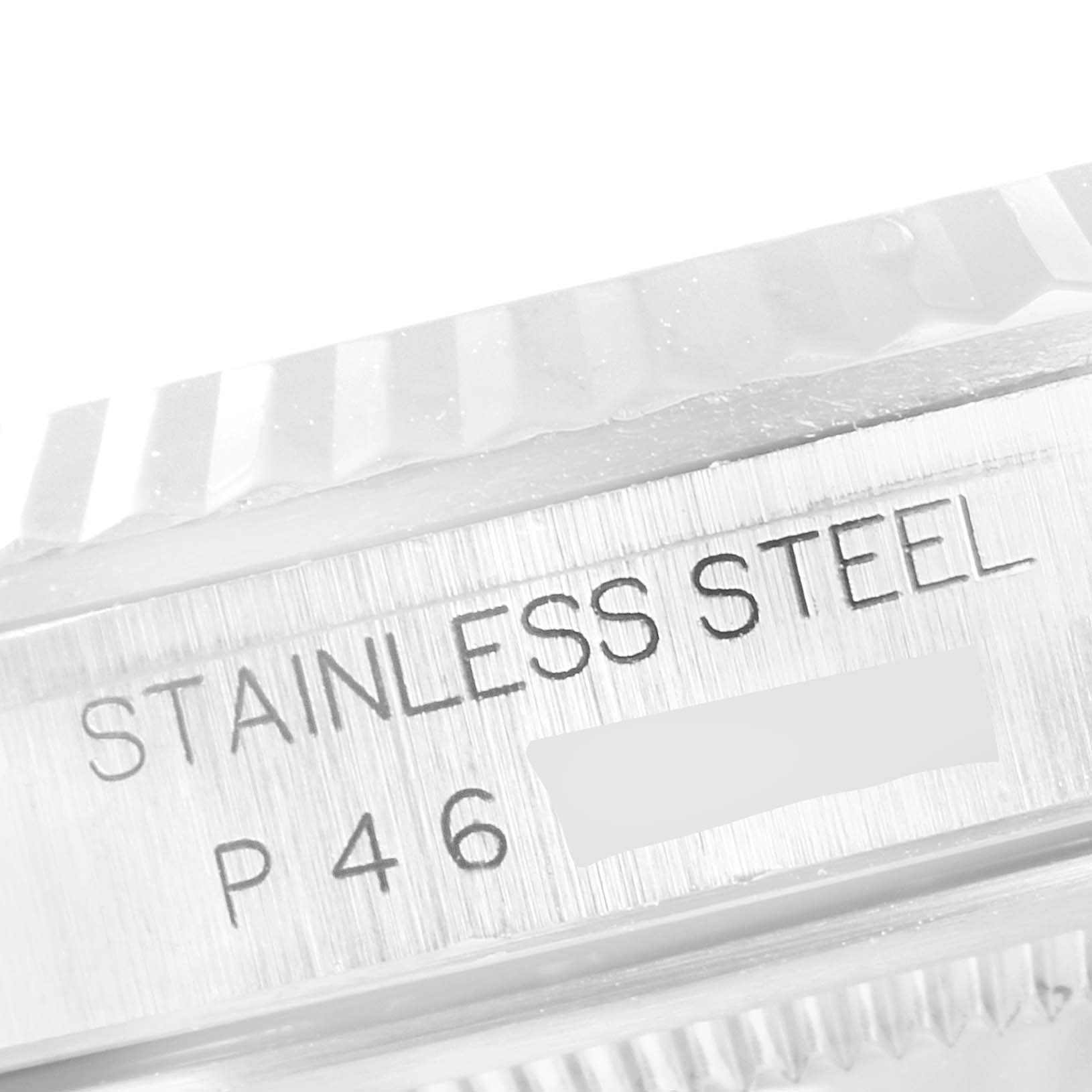 This close-up photo shows the stainless steel case of the Rolex Datejust 16234 Men's Stainless Steel Silver Dial 16234 Men's Stainless Steel Silver Dial model, highlighting its engraved details.