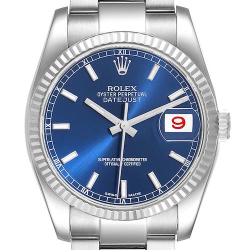 Photo of Rolex Datejust Steel White Gold Fluted Bezel Blue Dial Mens Watch 116234