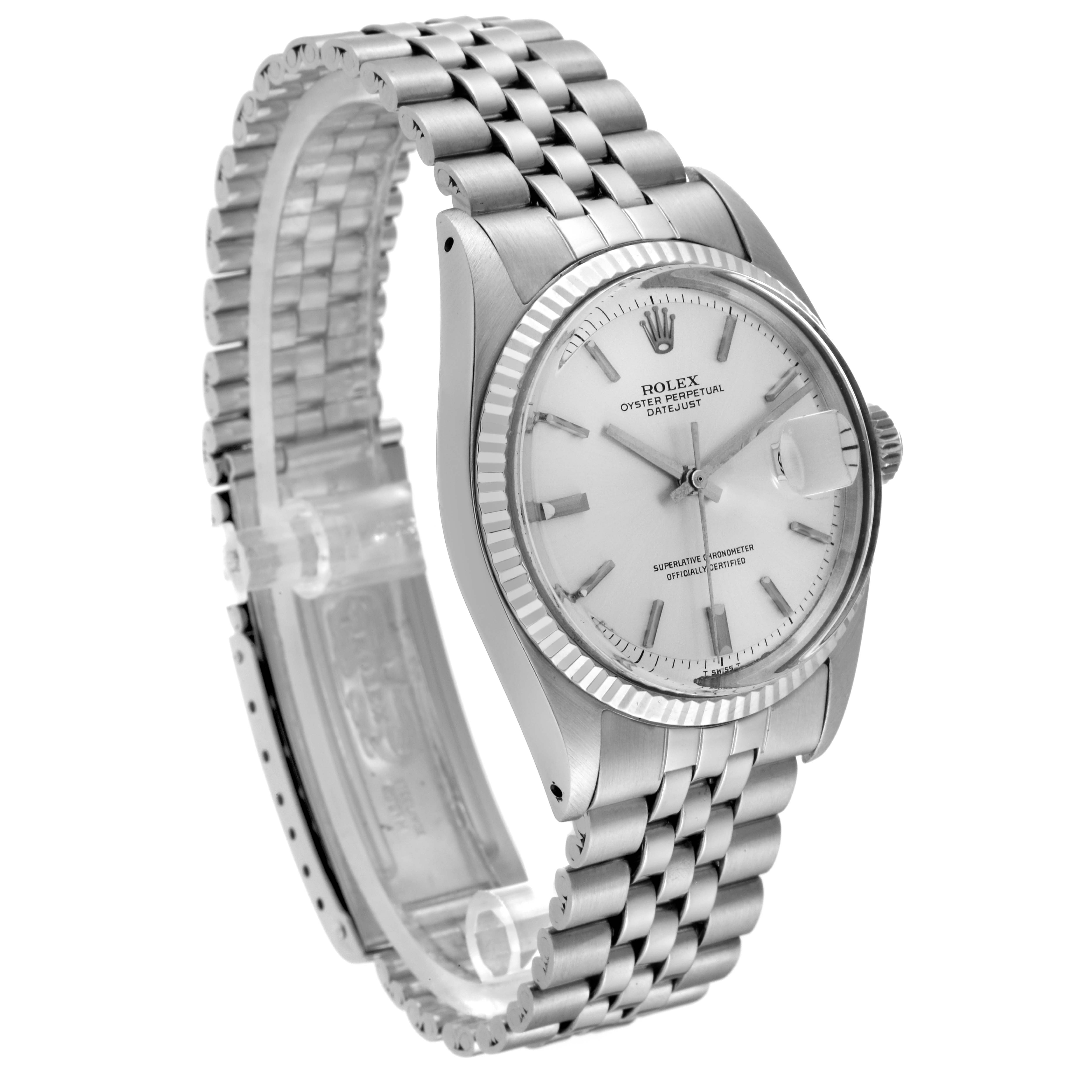 The Rolex Vintage Collection 1601 Men's Stainless Steel Silver Dial 1601 Men's Stainless Steel Silver Dial model is shown at a slight left angle, highlighting the face, bezel, and bracelet.