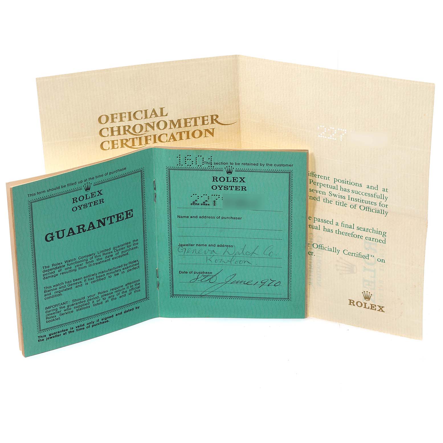 The image shows the guarantee card and official chronometer certification paperwork for the Vintage Collection model by Rolex.