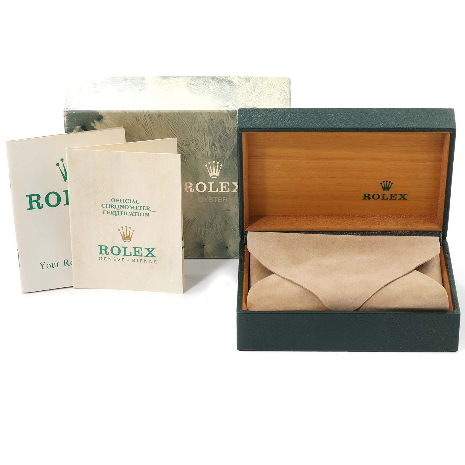 This image shows the packaging and documentation for a Vintage Collection model by Rolex, including the watch box and manuals.
