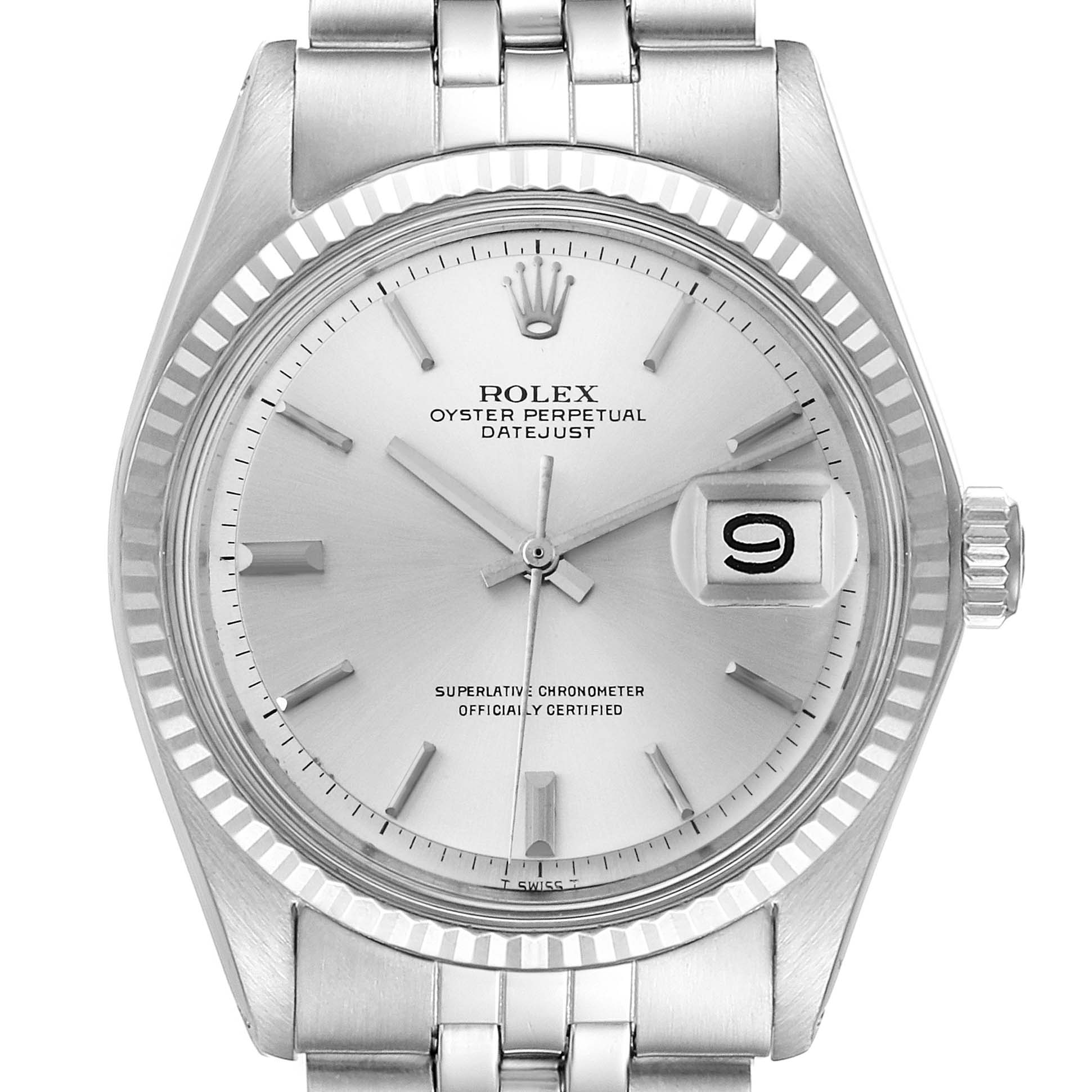 This Rolex Vintage Collection 1601 Men's Stainless Steel Silver Dial 1601 Men's Stainless Steel Silver Dial model is shown from a front angle, highlighting the dial, bezel, crown, and part of the bracelet.