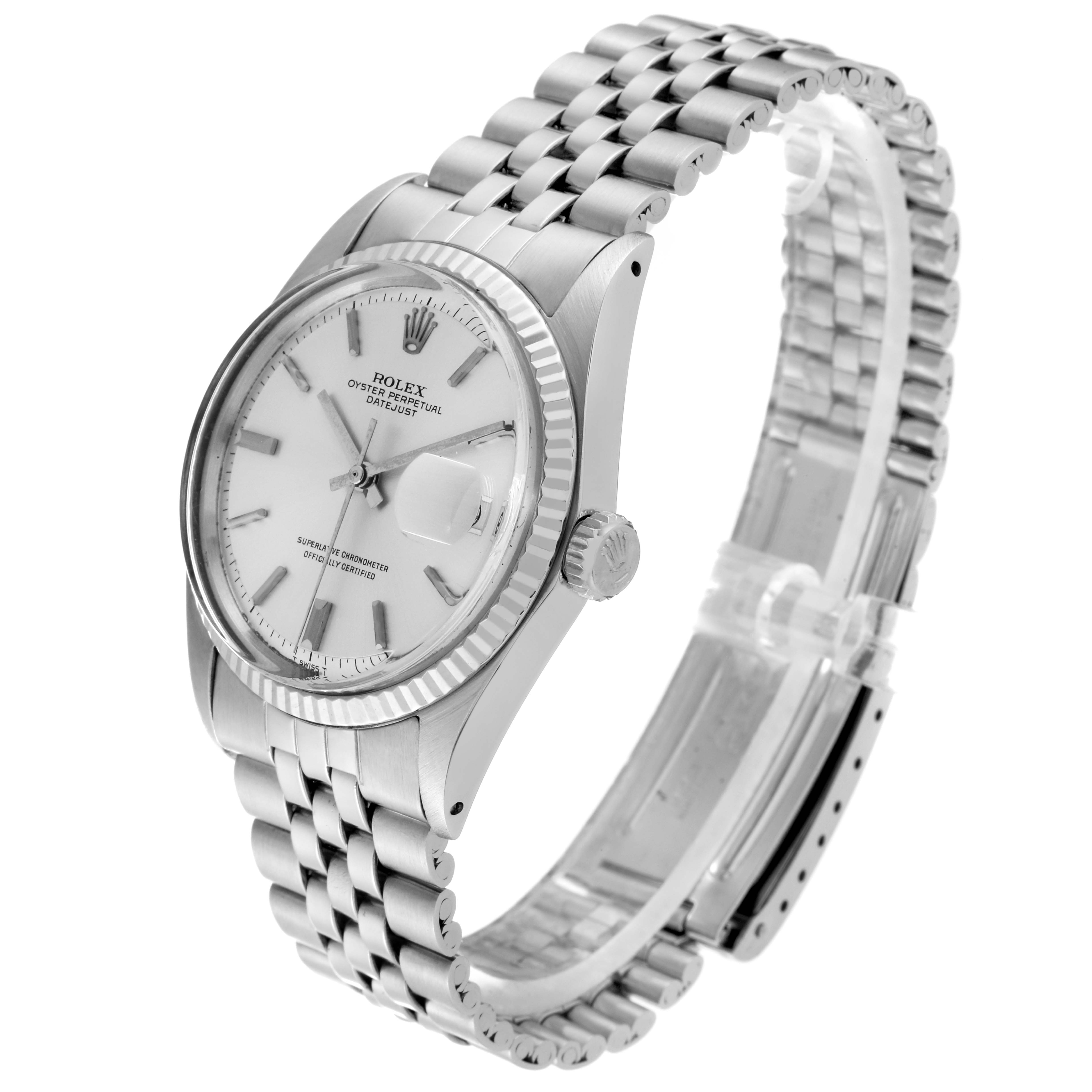 This image shows a Rolex Vintage Collection 1601 Men's Stainless Steel Silver Dial 1601 Men's Stainless Steel Silver Dial model watch from an angled side view, revealing the face, bezel, crown, and bracelet.