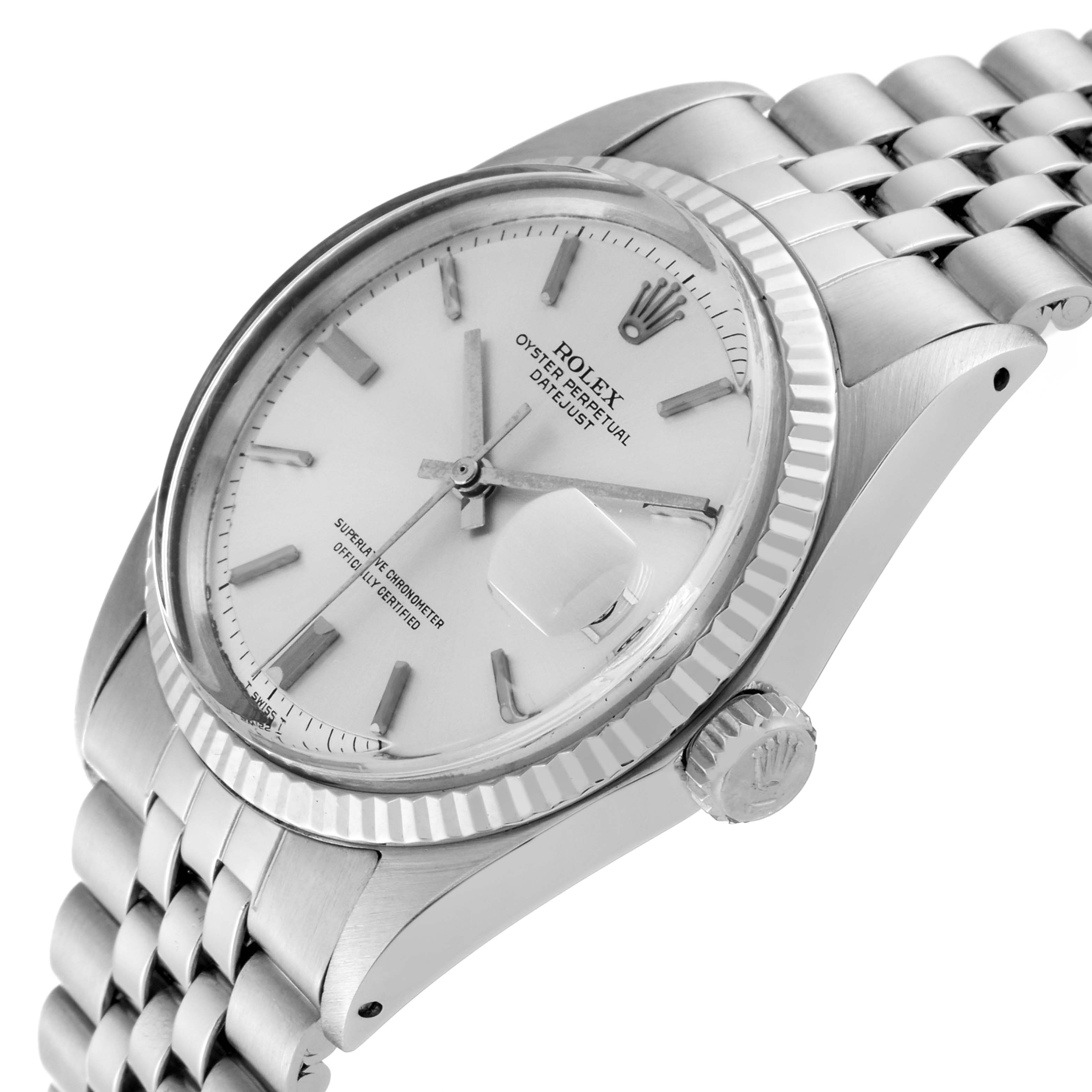 The image shows a Rolex Vintage Collection 1601 Men's Stainless Steel Silver Dial 1601 Men's Stainless Steel Silver Dial watch from an angled side view, highlighting the dial, bezel, crown, and bracelet.