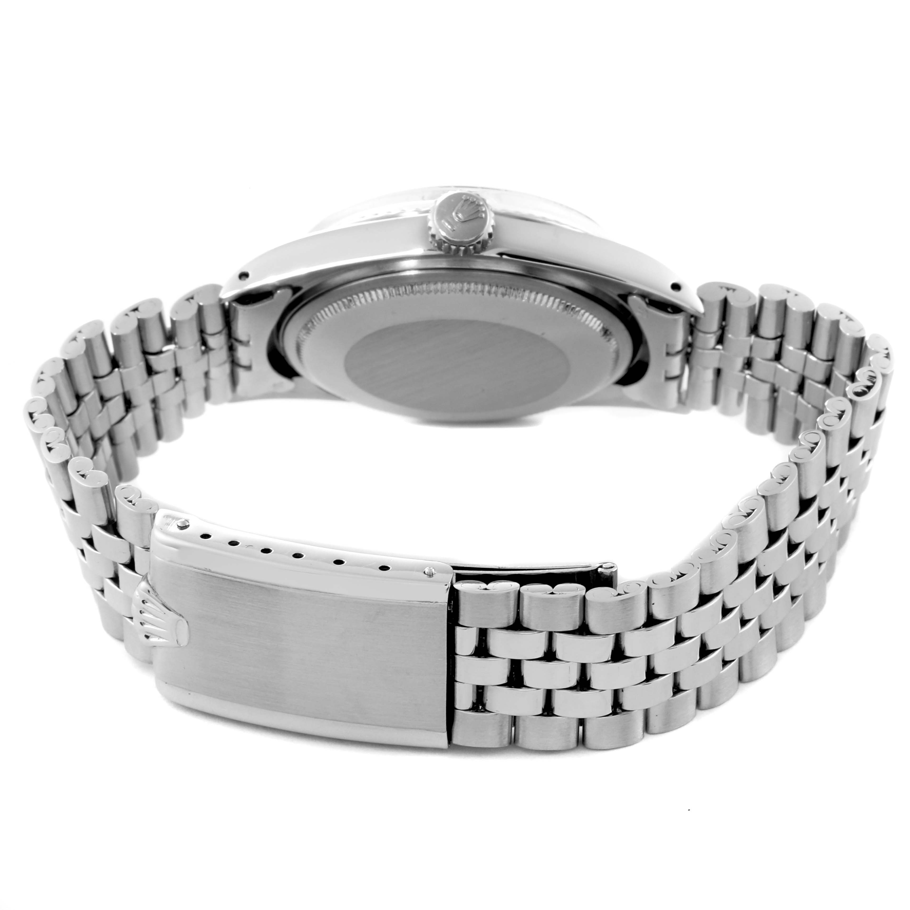 The image shows the back view of the Rolex Vintage Collection 1601 Men's Stainless Steel Silver Dial 1601 Men's Stainless Steel Silver Dial watch, highlighting the caseback, crown, and metal bracelet with clasp.