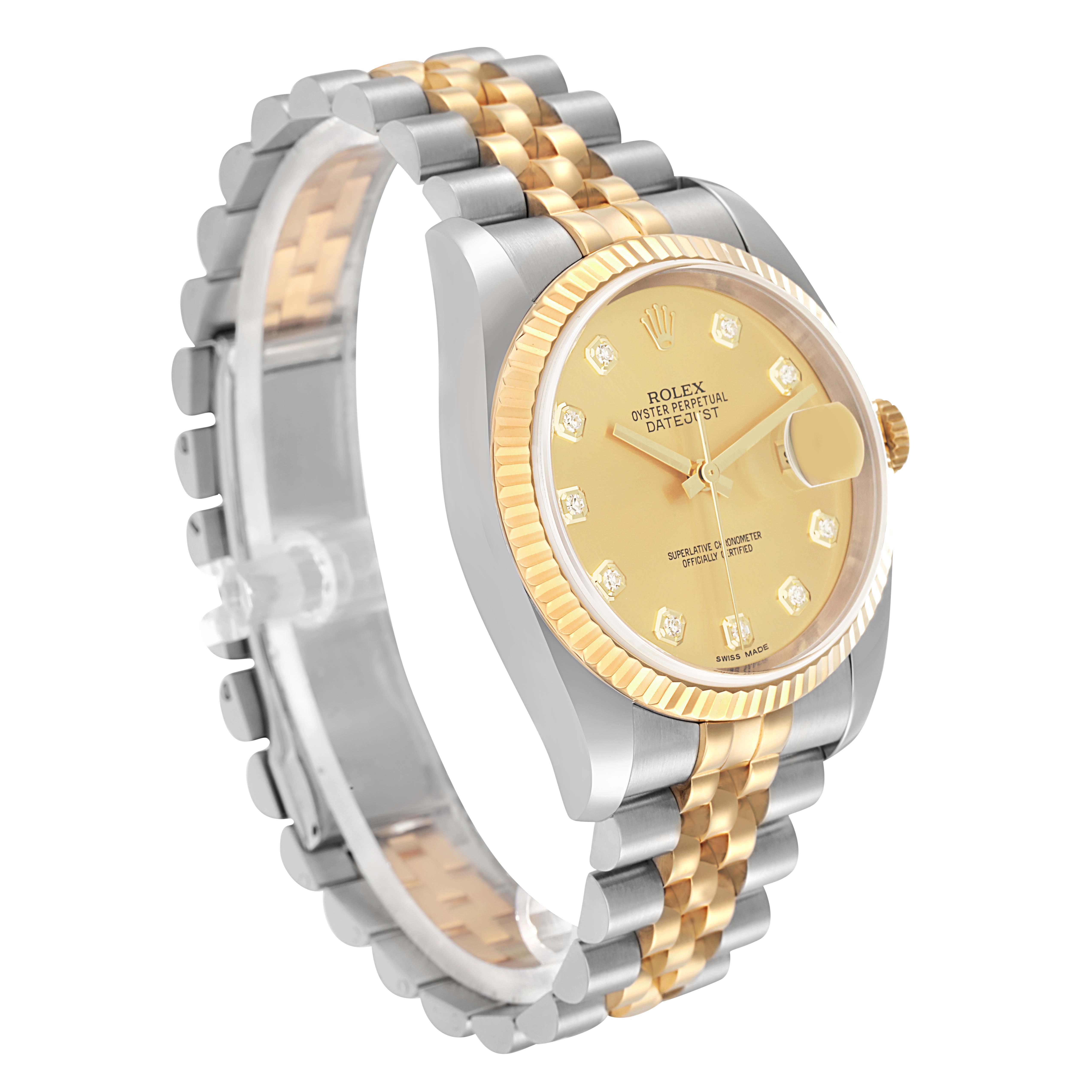 The Rolex Datejust 116233 Men
s Steel and Gold (two tone) Champagne Dial watch is shown at a three-quarter angle, displaying the face, bezel, and two-toned bracelet.