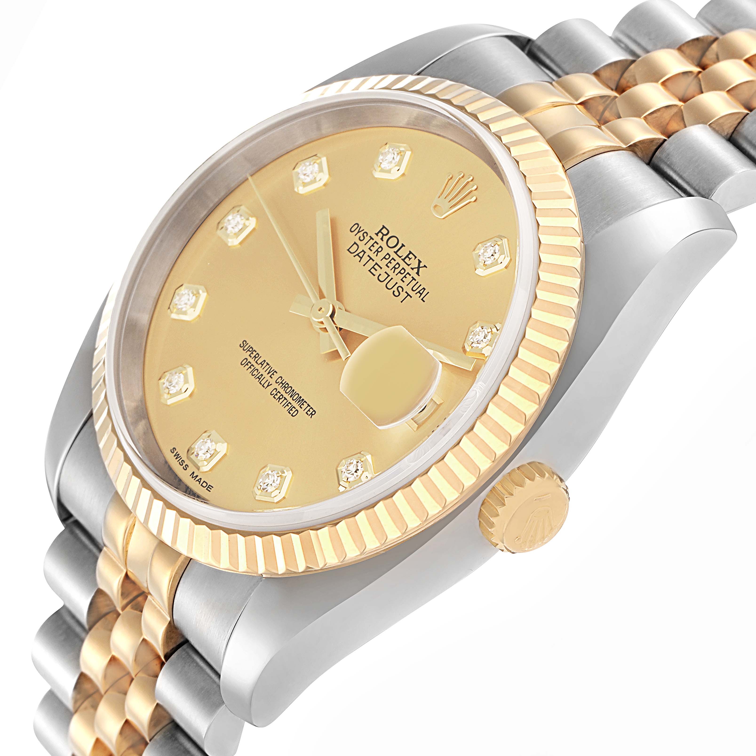 The Rolex Datejust 116233 Men
s Steel and Gold (two tone) Champagne Dial is shown at a three-quarter angle, highlighting the gold dial, fluted bezel, crown, and two-tone Jubilee bracelet.