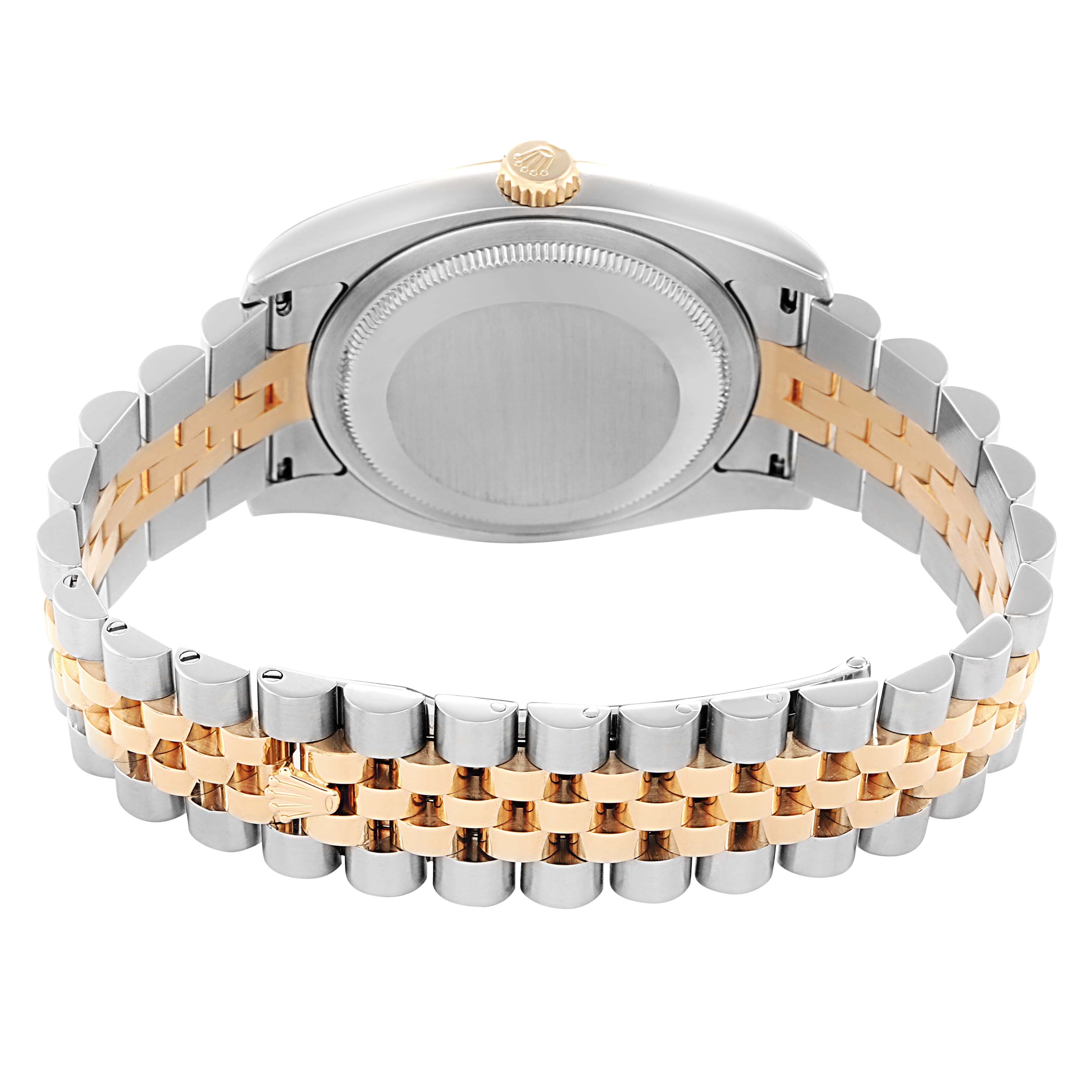 The image shows a rear side angle of a Rolex Datejust 116233 Men
s Steel and Gold (two tone) Champagne Dial, highlighting the case back and two-tone bracelet.