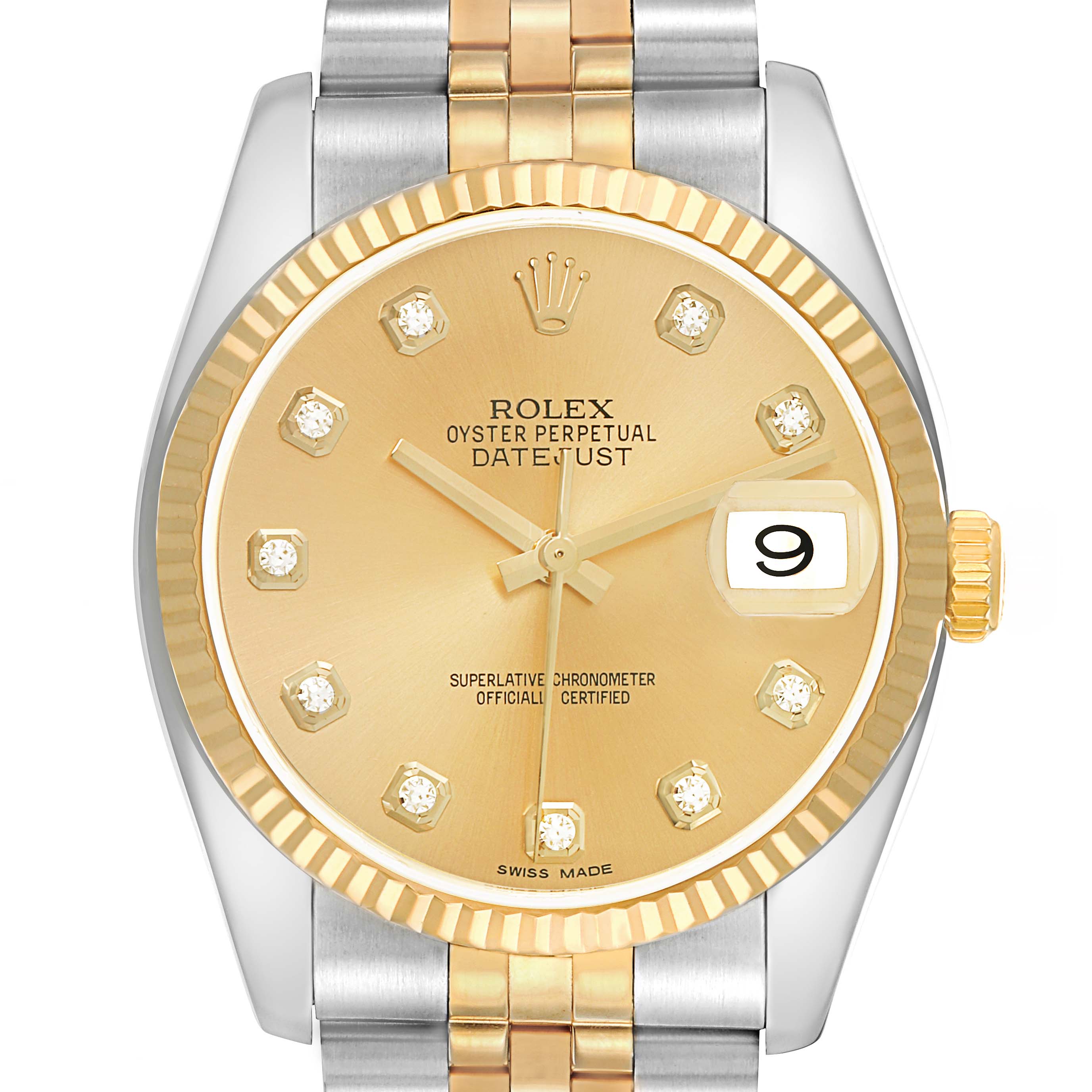 The Rolex Datejust 116233 Men
s Steel and Gold (two tone) Champagne Dial is shown from a top view, displaying the dial, bezel, crown, and part of the bracelet.