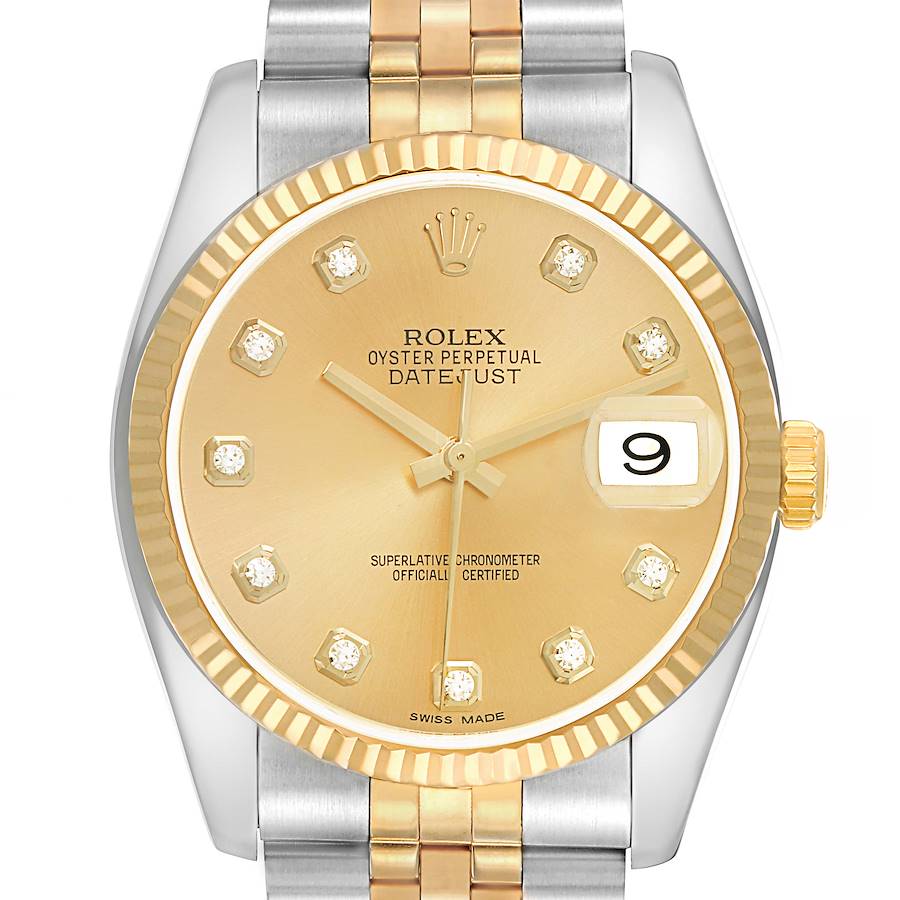 This image shows a frontal view of the Rolex Datejust model 116233 men's watch, highlighting the gold dial, diamond hour markers, and two-tone bracelet.
