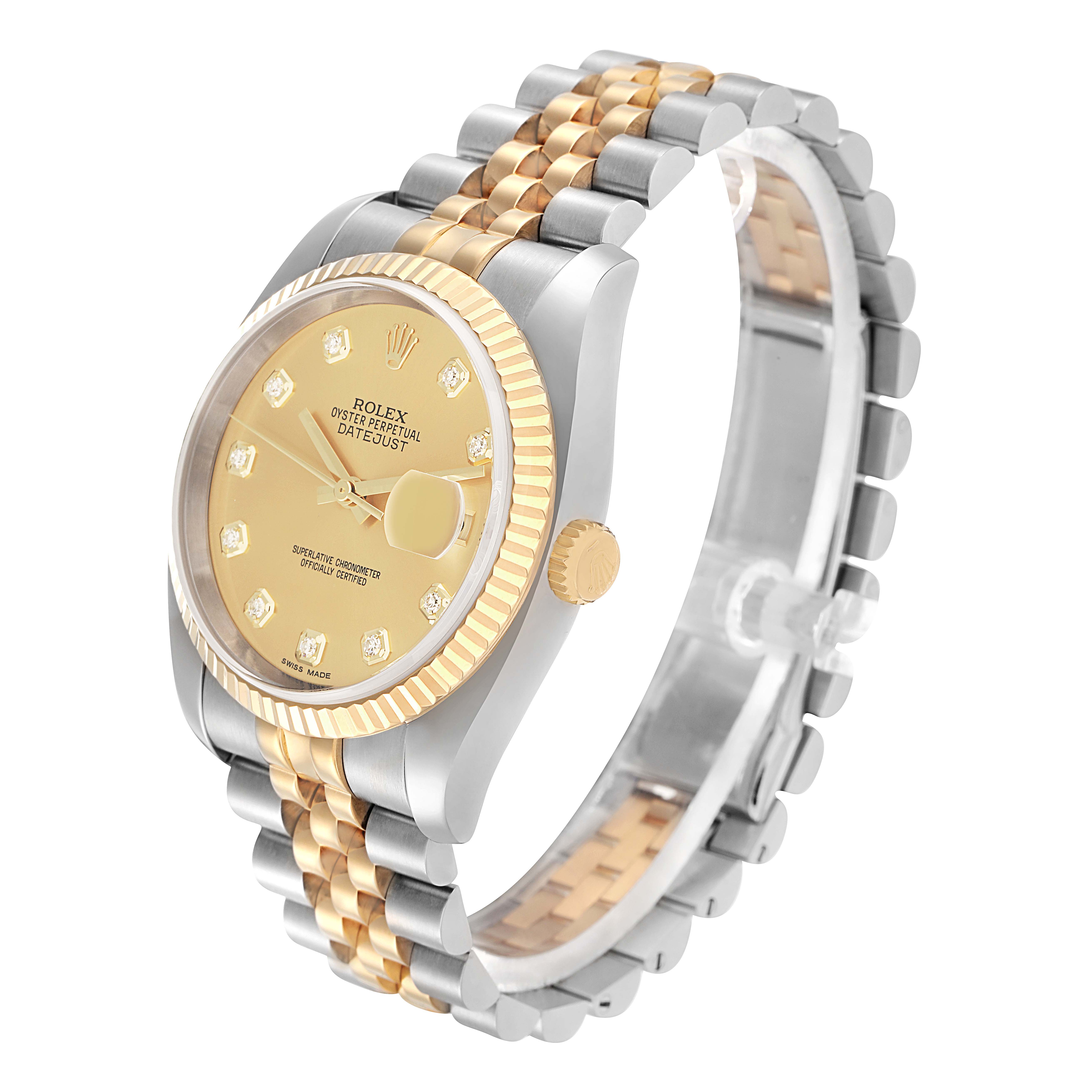 The Rolex Datejust 116233 Men
s Steel and Gold (two tone) Champagne Dial watch is shown at an angled side view, highlighting the face, bezel, crown, and two-tone bracelet.