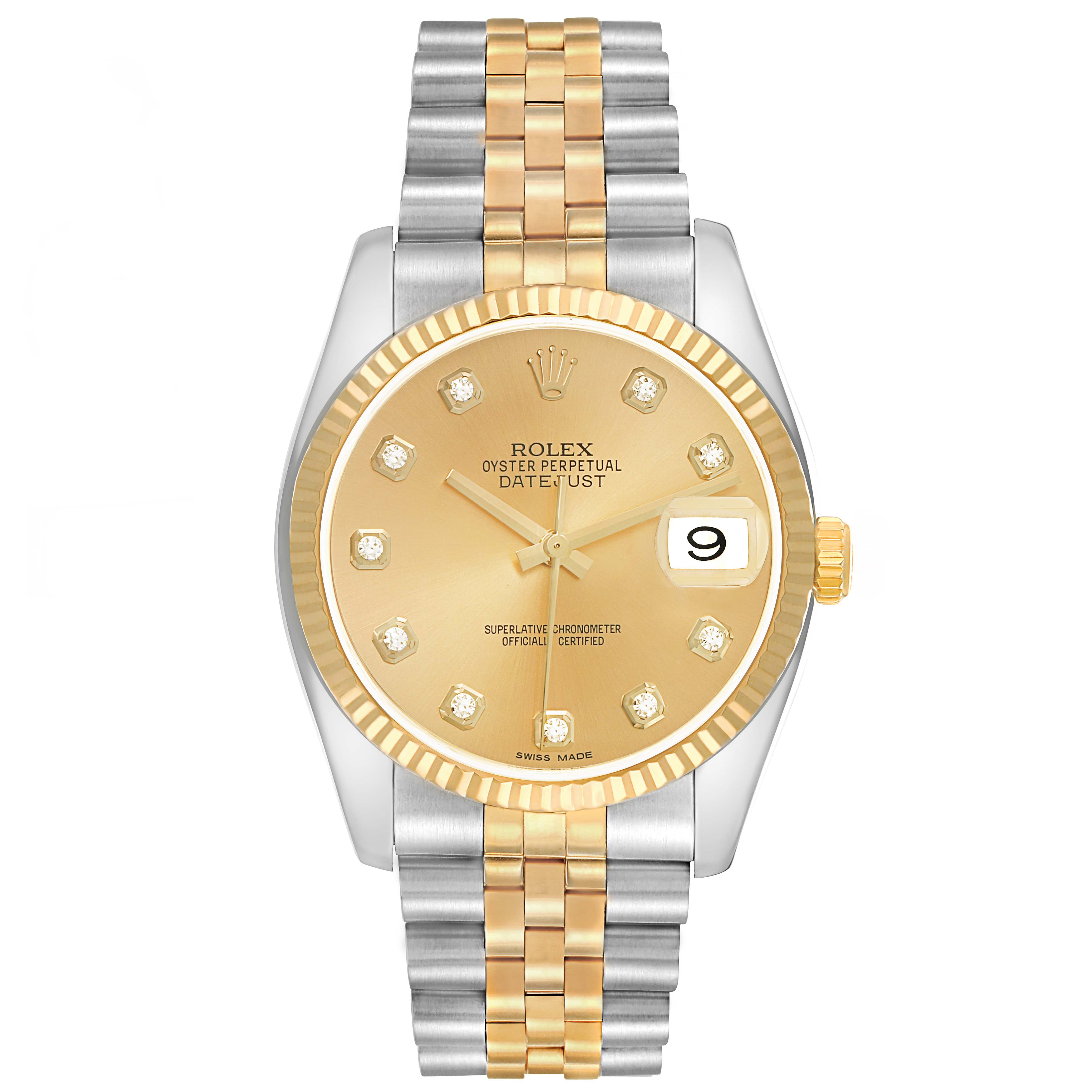The Rolex Datejust 116233 Men
s Steel and Gold (two tone) Champagne Dial watch is shown from a direct front angle, highlighting its gold dial, diamond hour markers, and two-tone bracelet.