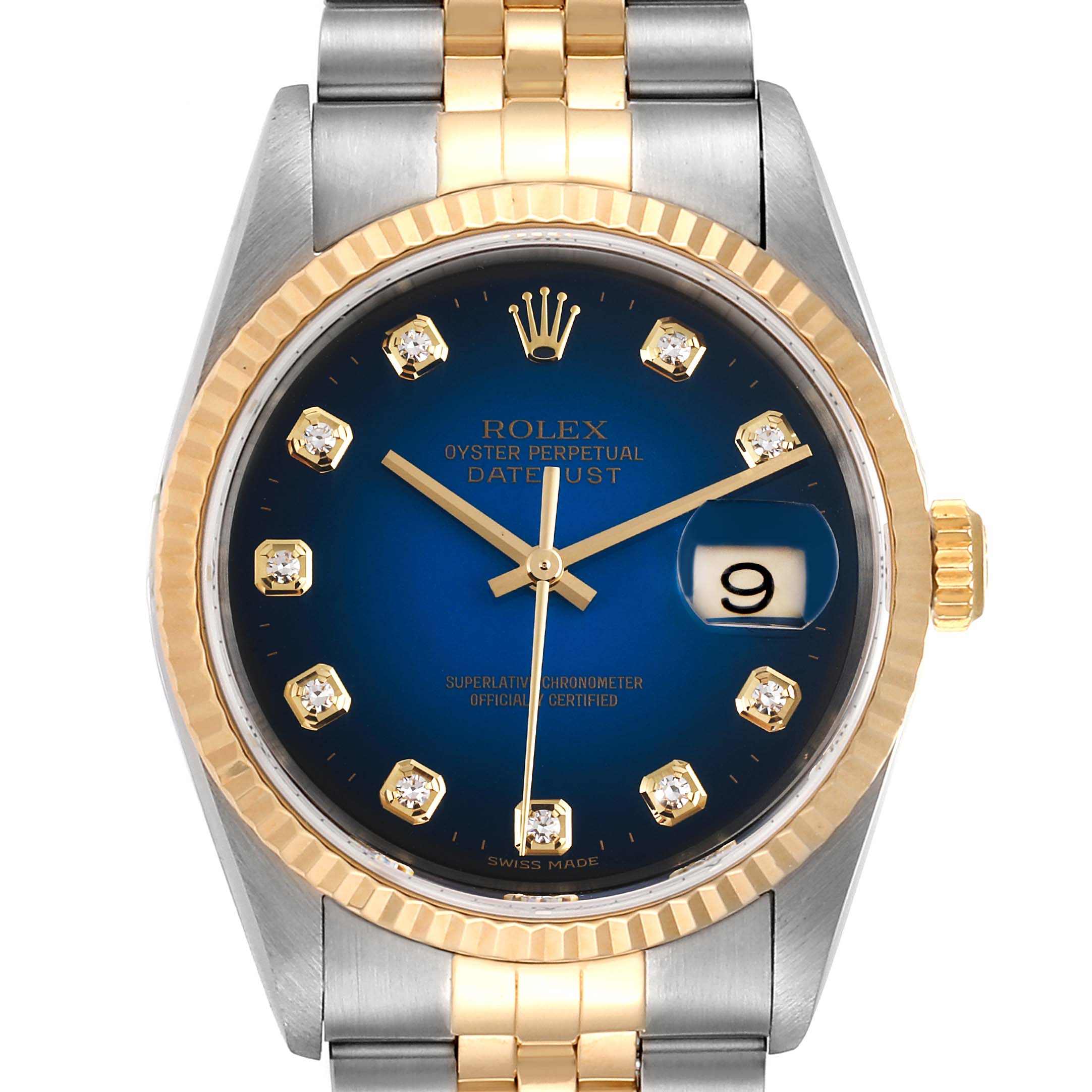 The Rolex Datejust 16233 Men's Steel and Gold (two tone) Blue Dial 16233 Men's Steel and Gold (two tone) Blue Dial watch is shown from a top-down angle, highlighting its blue dial, gold hour markers, date window, and two-tone bracelet.