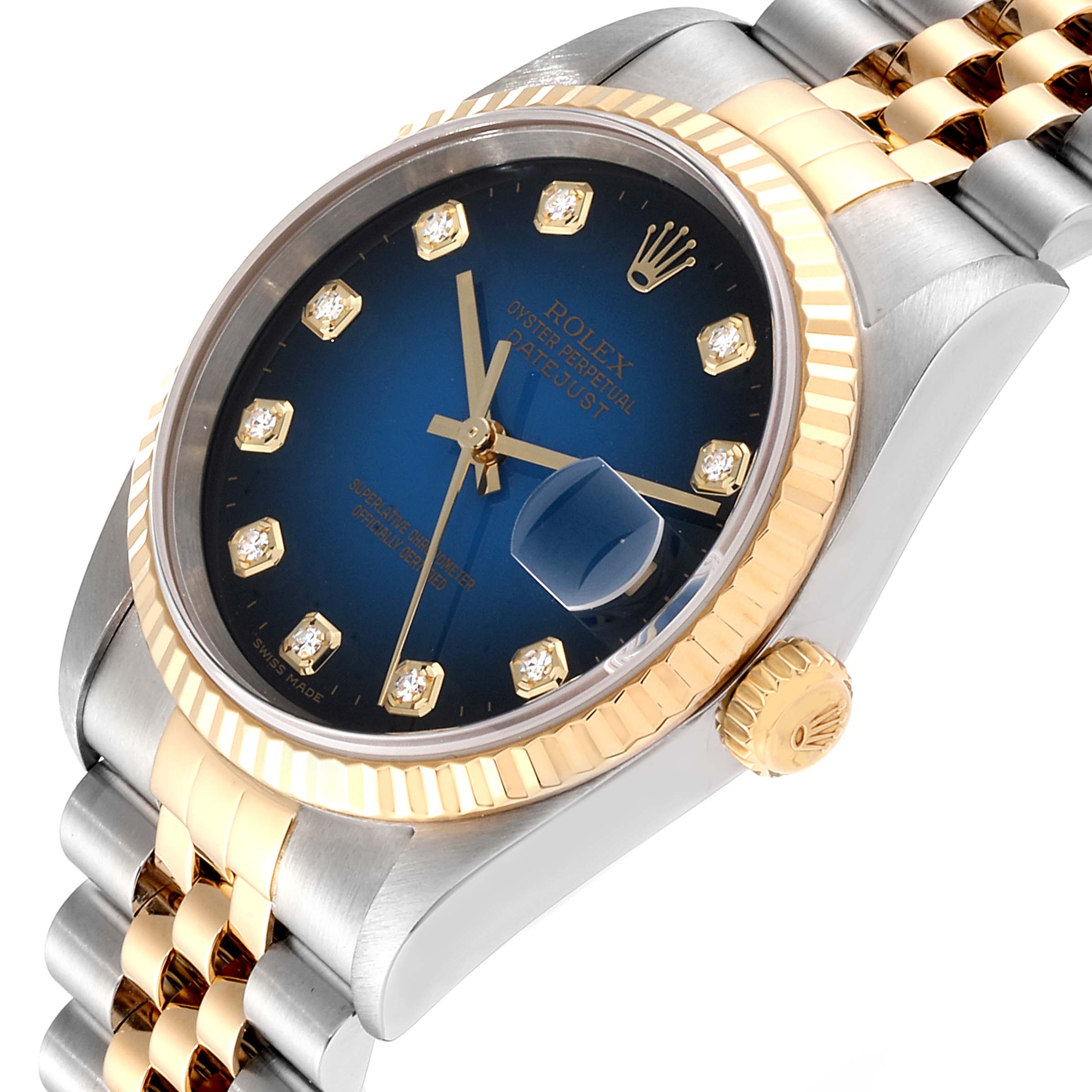 This image shows a close-up angle of the Rolex Datejust 16233 Men's Steel and Gold (two tone) Blue Dial 16233 Men's Steel and Gold (two tone) Blue Dial watch, highlighting the dial, bezel, crown, and a portion of the bracelet.