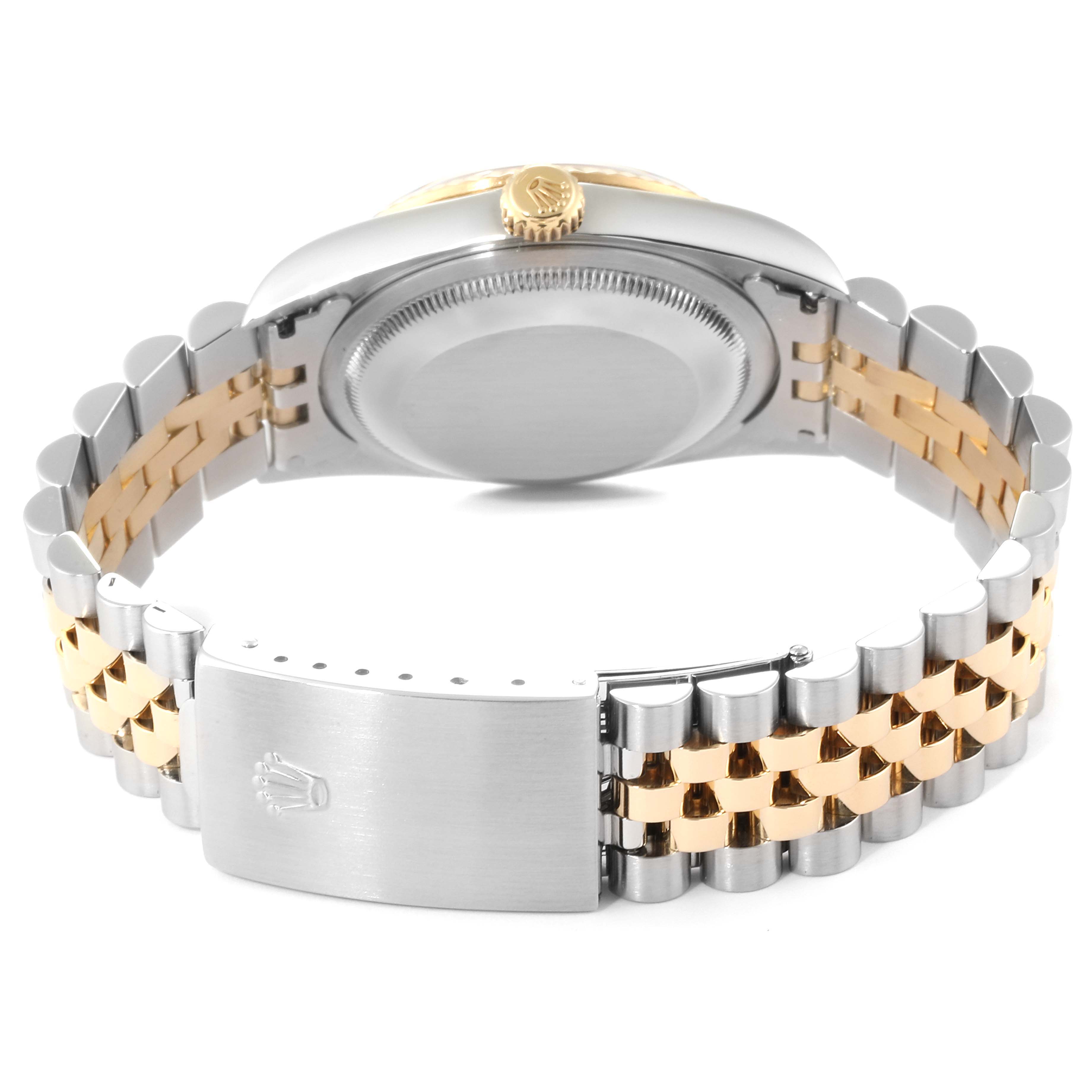 The image shows the back of a Rolex Datejust 16233 Men's Steel and Gold (two tone) Blue Dial 16233 Men's Steel and Gold (two tone) Blue Dial watch, highlighting its case, crown, and two-tone bracelet with clasp.