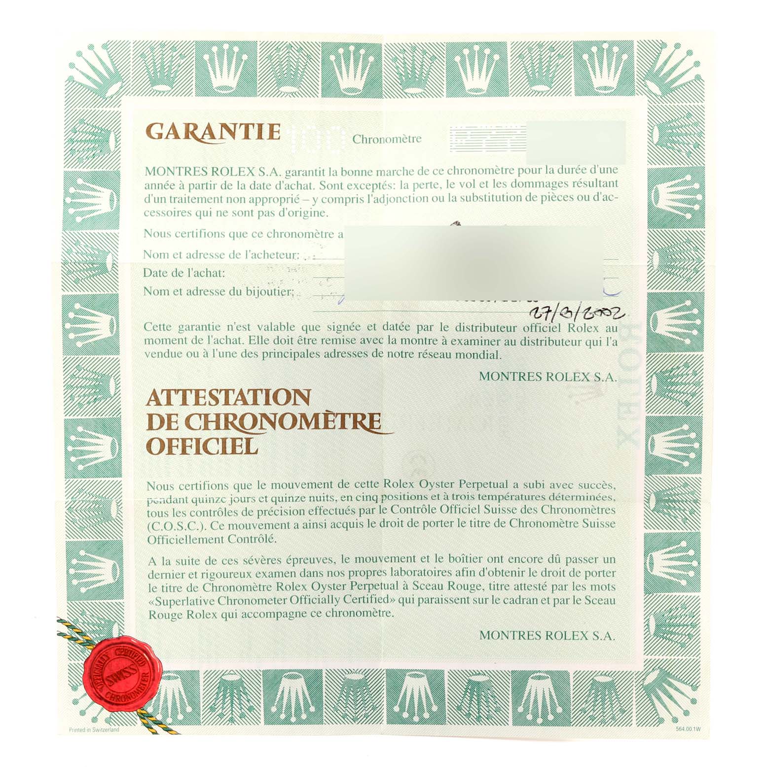 The image shows the warranty and official chronometer certification for a Rolex Datejust 16233 Men's Steel and Gold (two tone) Blue Dial 16233 Men's Steel and Gold (two tone) Blue Dial watch.