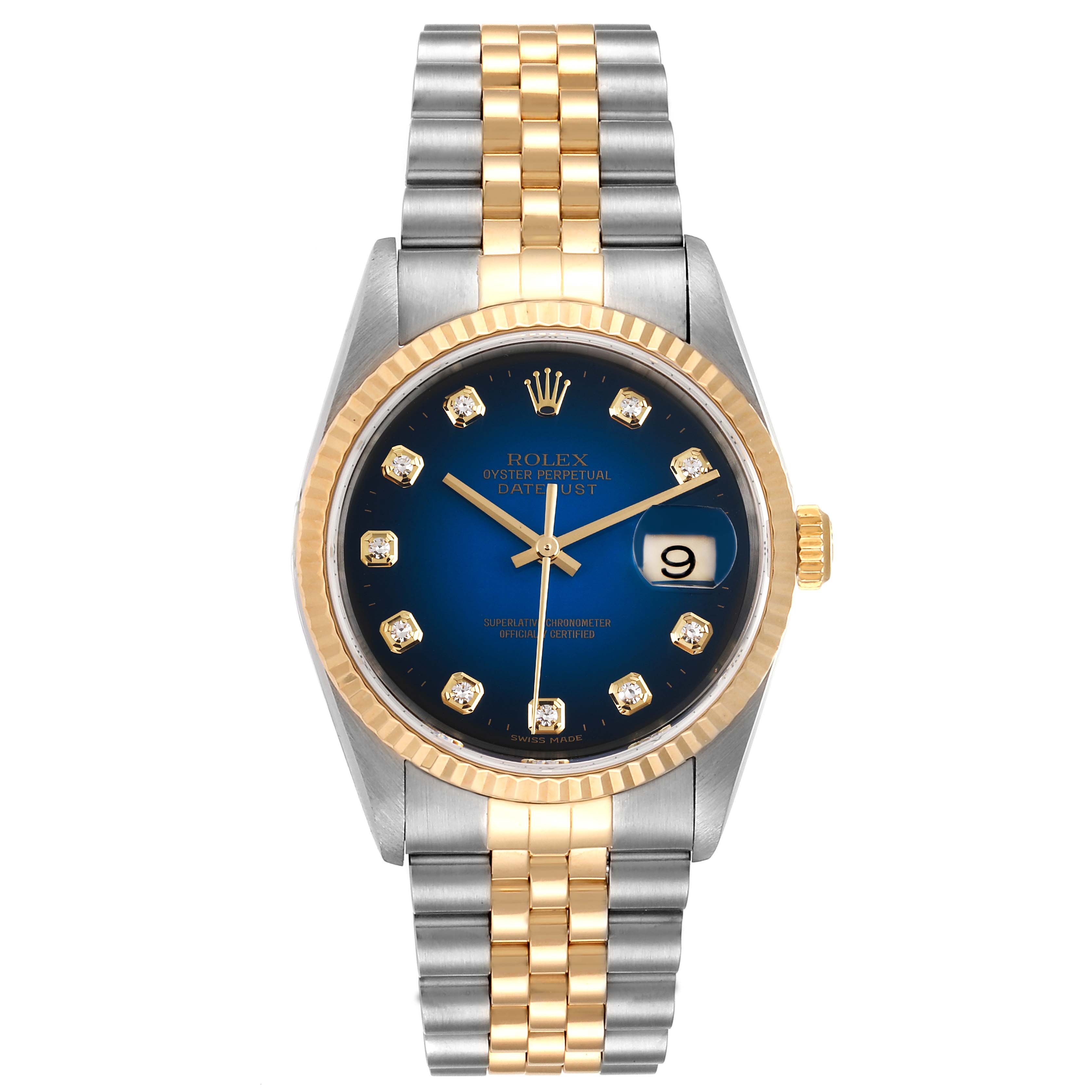 This is a front-facing view of a Rolex Datejust 16233 Men's Steel and Gold (two tone) Blue Dial 16233 Men's Steel and Gold (two tone) Blue Dial watch, showcasing its blue dial, jubilee bracelet, and two-tone bezel.
