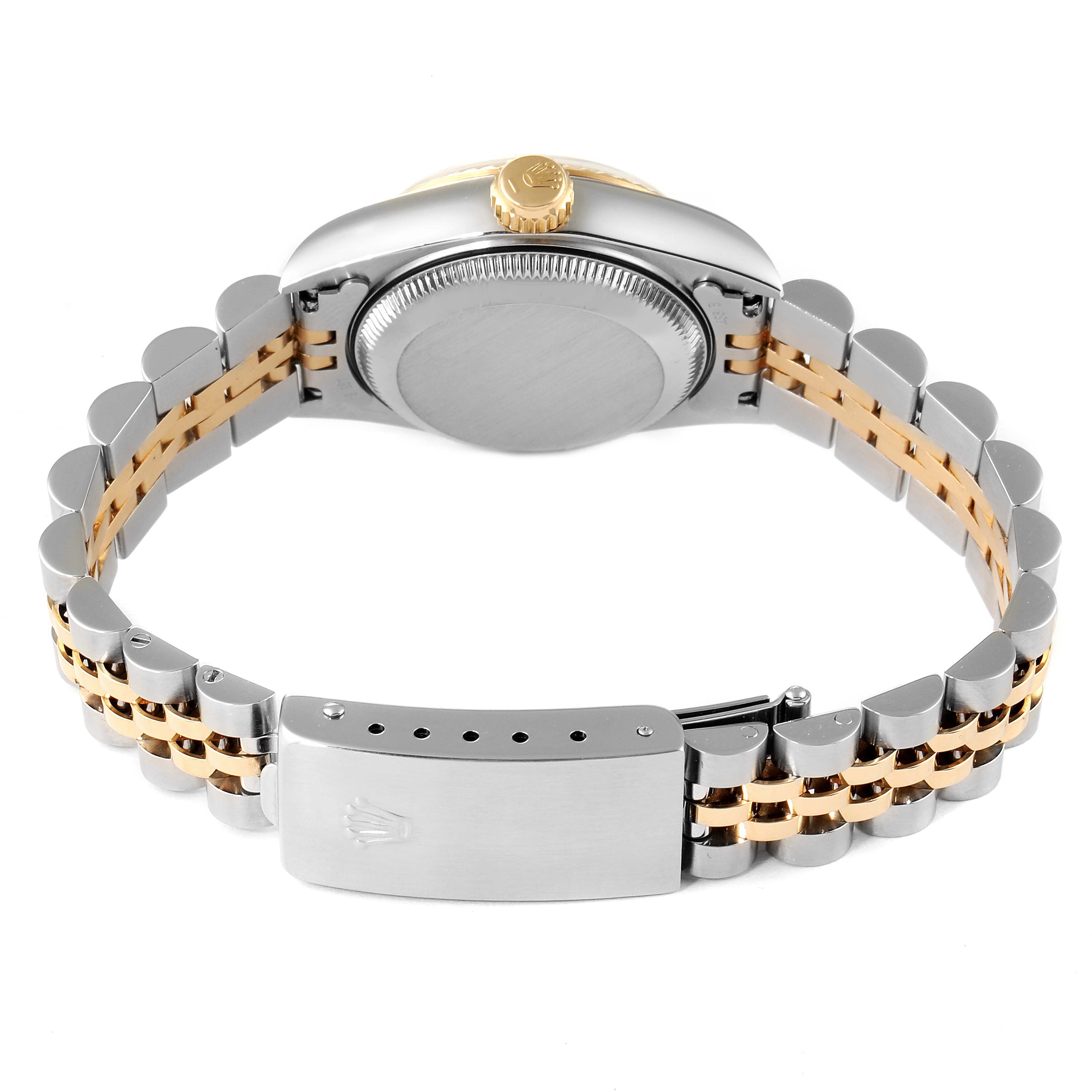 This image shows the Rolex Datejust 69173 Women's Steel and Gold (two tone) White Dial 69173 Women's Steel and Gold (two tone) White Dial watch from a rear angle, highlighting the case back, crown, and Jubilee bracelet with clasp.