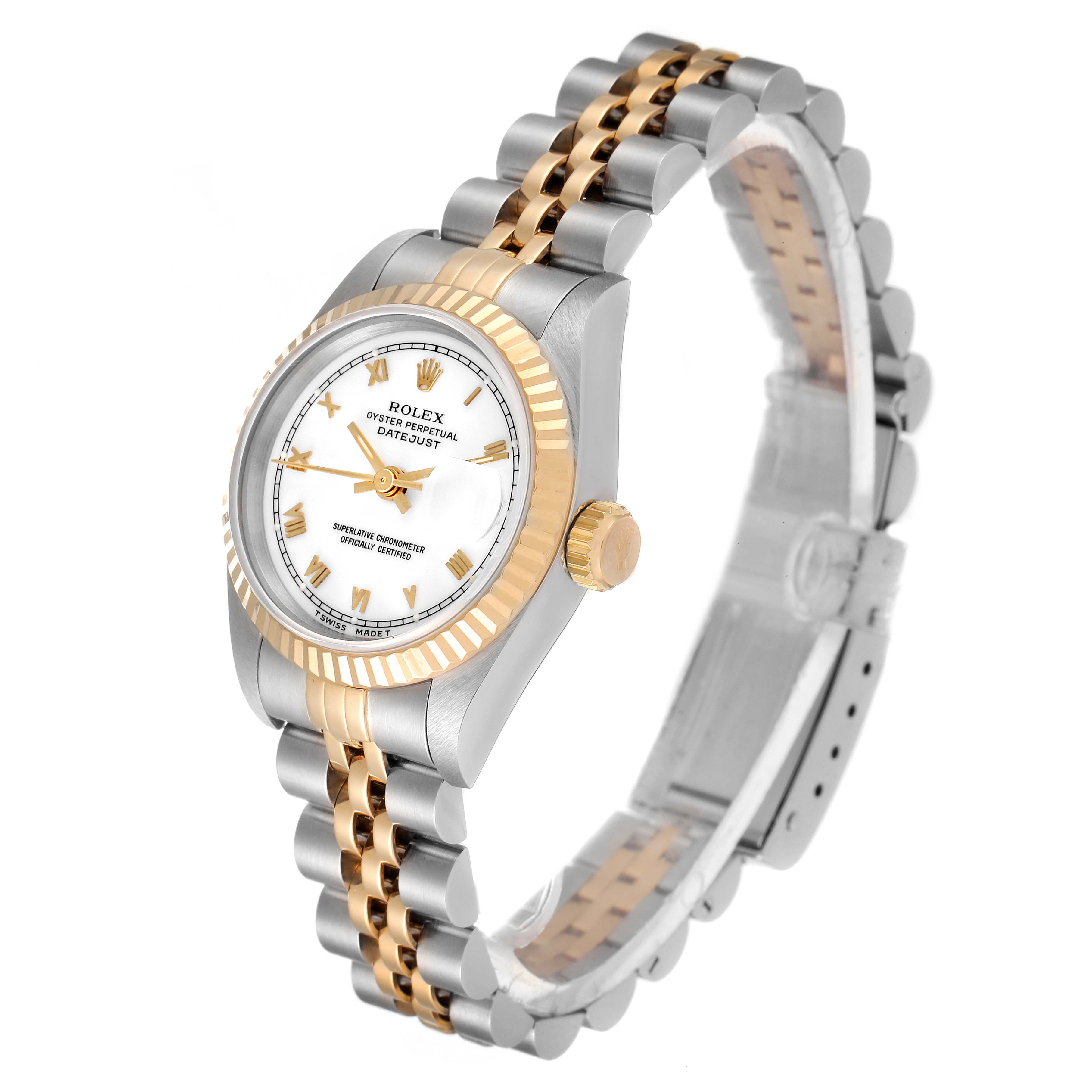 This image shows a side and front view of the Rolex Datejust 69173 Women's Steel and Gold (two tone) White Dial 69173 Women's Steel and Gold (two tone) White Dial model, highlighting the dial, bezel, crown, and two-tone bracelet.