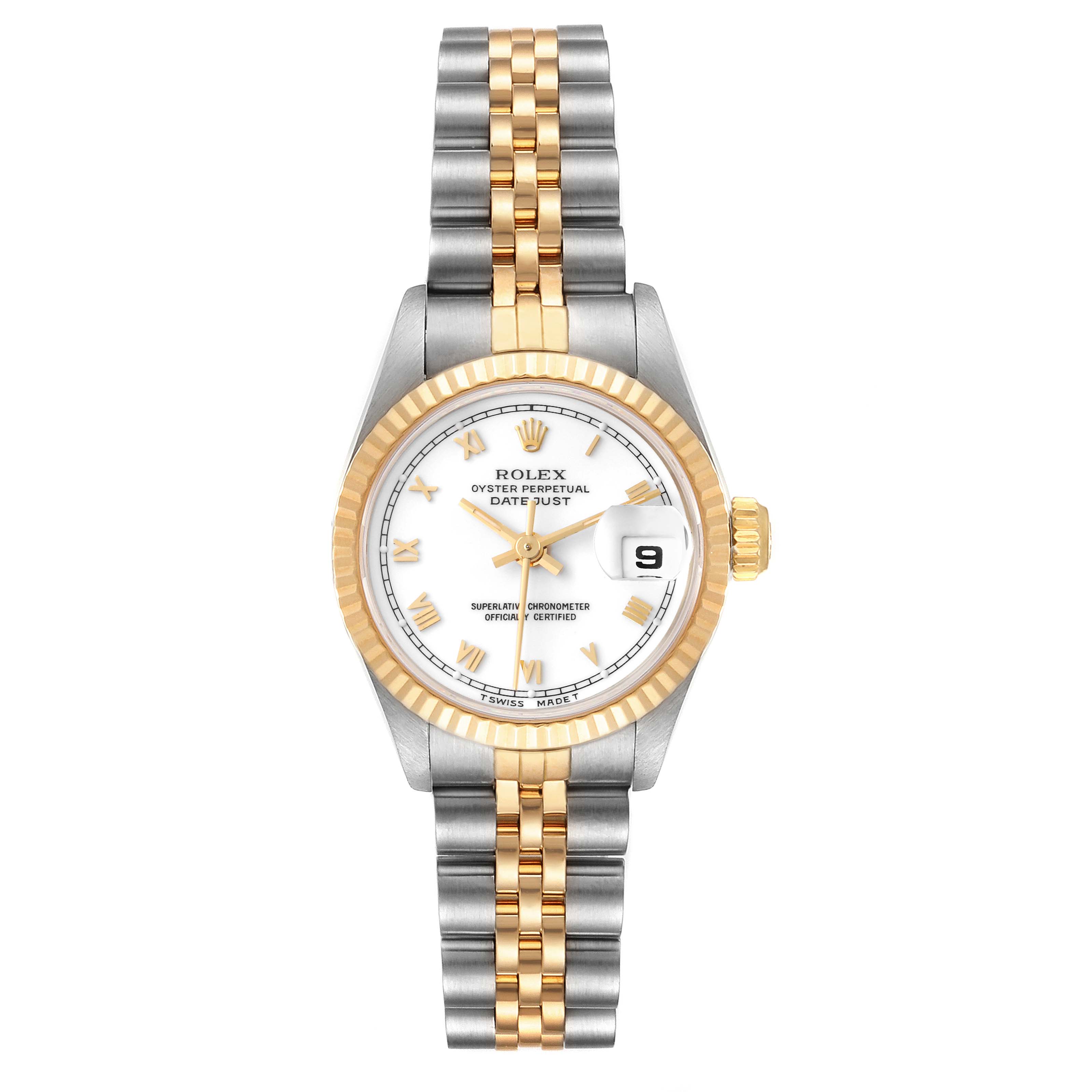 The image shows a Rolex Datejust 69173 Women's Steel and Gold (two tone) White Dial 69173 Women's Steel and Gold (two tone) White Dial watch from a front angle, featuring its dial, bezel, and bracelet.
