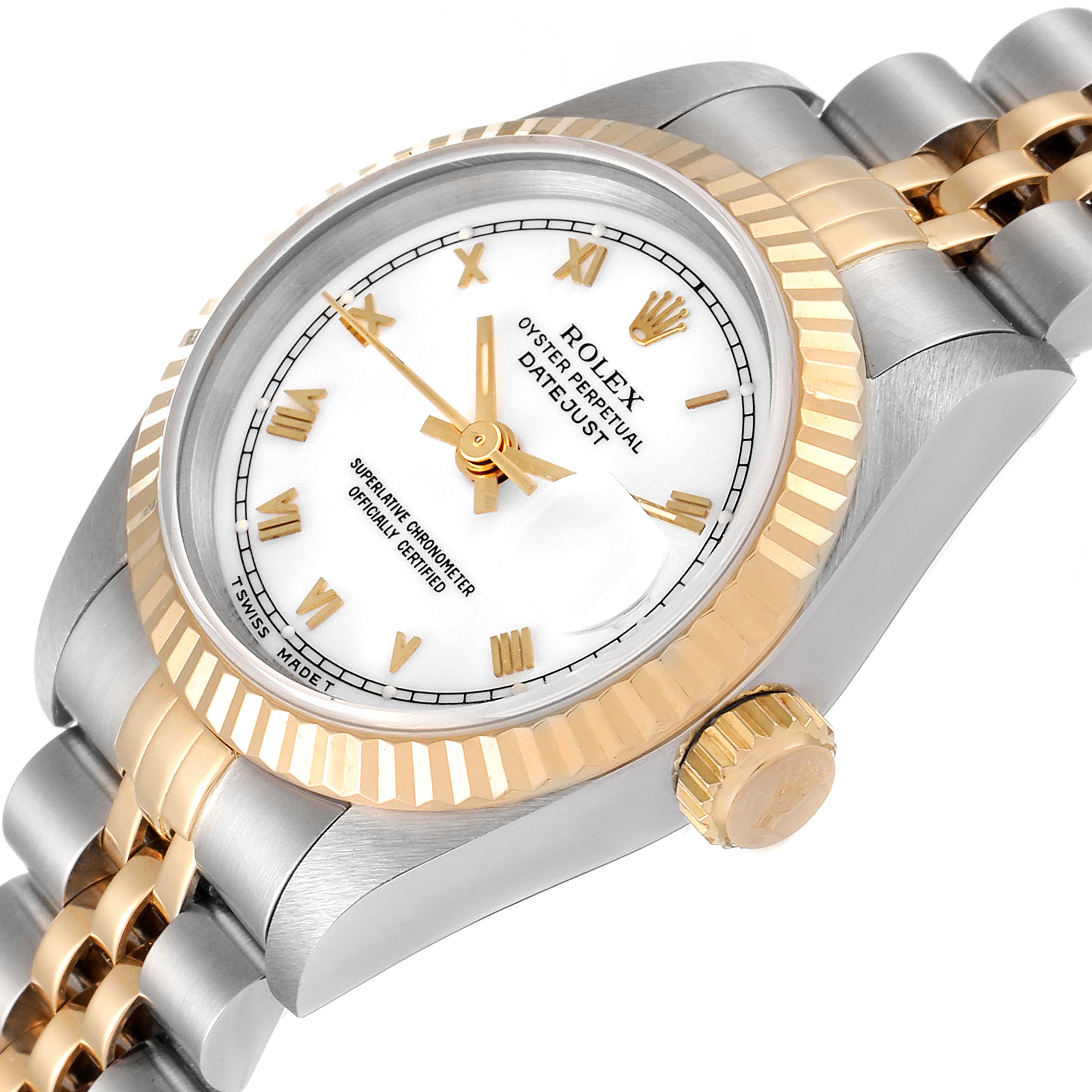 The image shows an angled view of a Rolex Datejust 69173 Women's Steel and Gold (two tone) White Dial 69173 Women's Steel and Gold (two tone) White Dial, displaying the face, fluted bezel, crown, and part of the bracelet.
