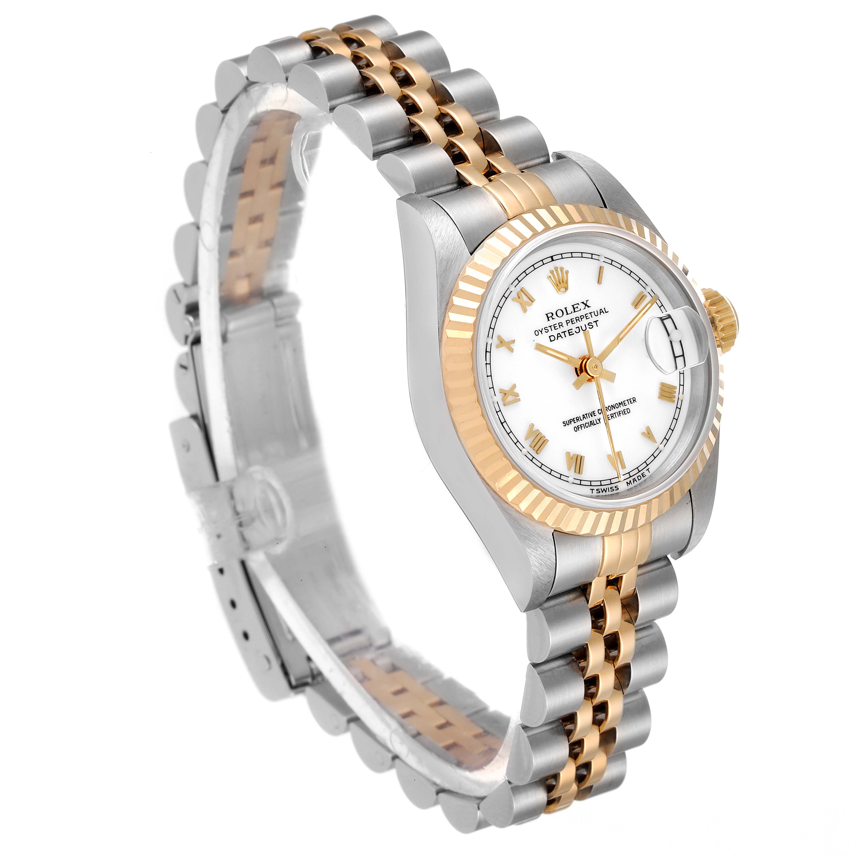 The image shows a Rolex Datejust 69173 Women's Steel and Gold (two tone) White Dial 69173 Women's Steel and Gold (two tone) White Dial watch at a slight angle, highlighting its two-tone bracelet and fluted bezel.