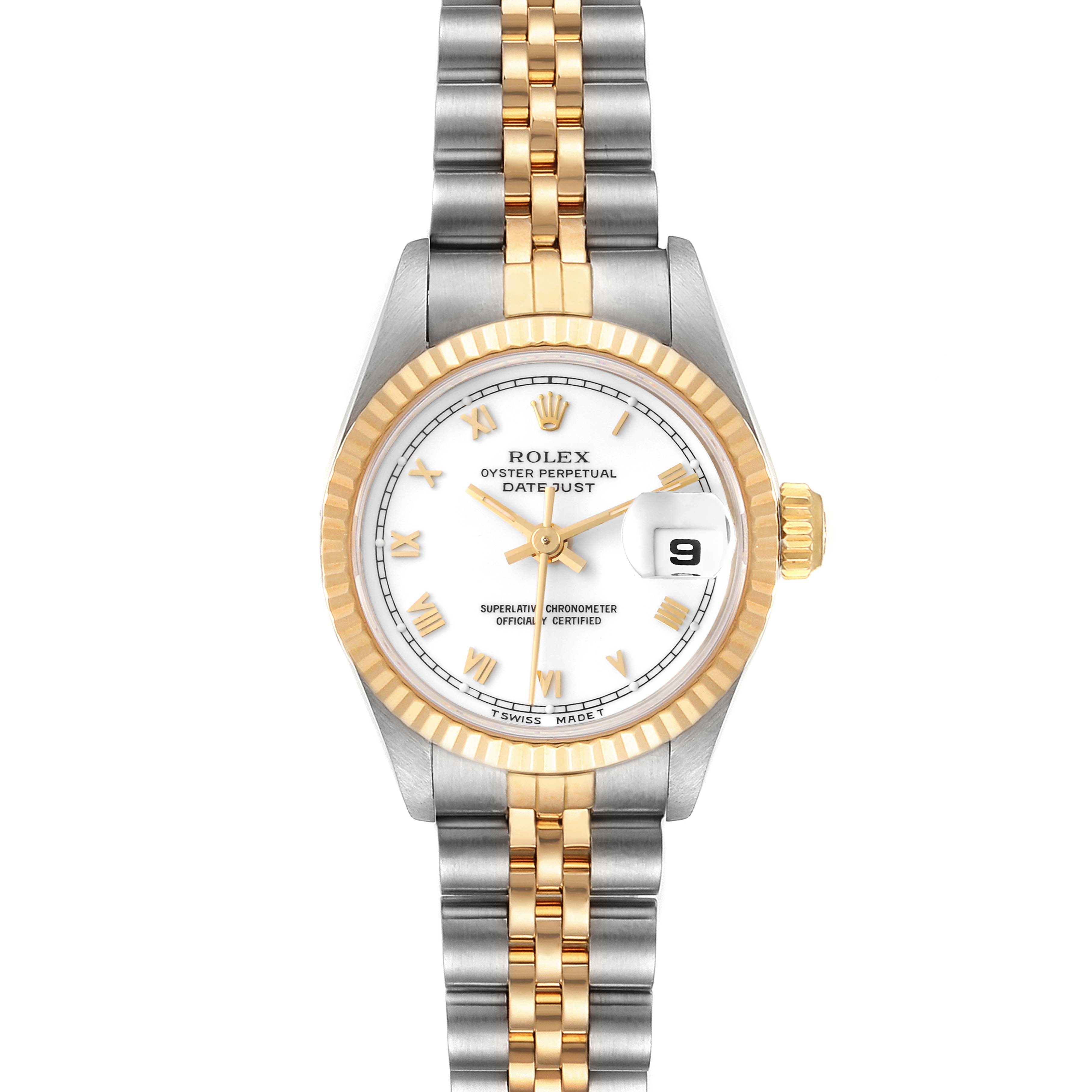 This image shows a frontal view of the Rolex Datejust 69173 Women's Steel and Gold (two tone) White Dial 69173 Women's Steel and Gold (two tone) White Dial watch, showcasing its two-tone bracelet, fluted bezel, and date display at 3 o'clock.