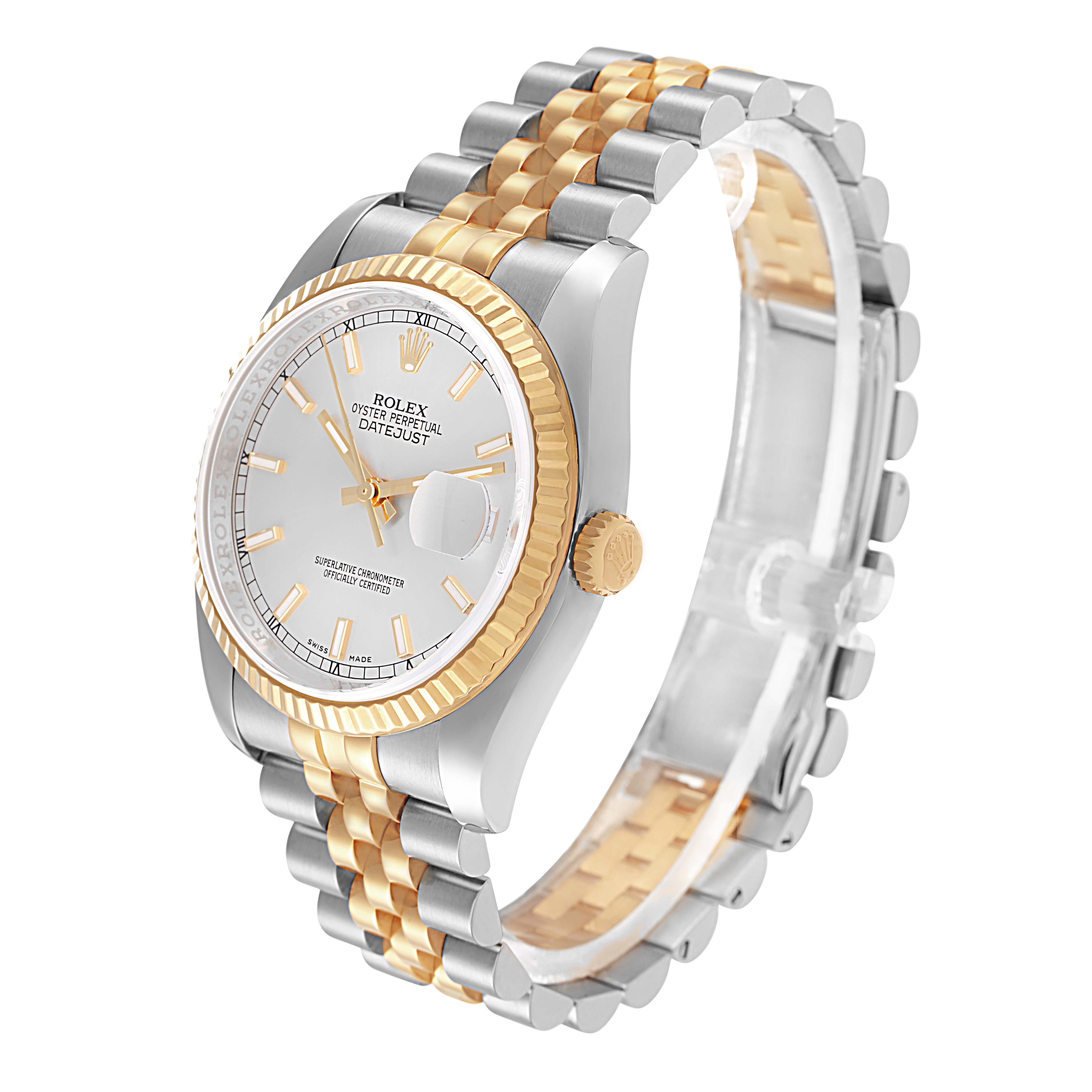 The Rolex Datejust 116233 Men
s Steel and Gold (two tone) Silver Dial watch is shown at a three-quarter angle, displaying its face, bezel, crown, and two-tone bracelet.